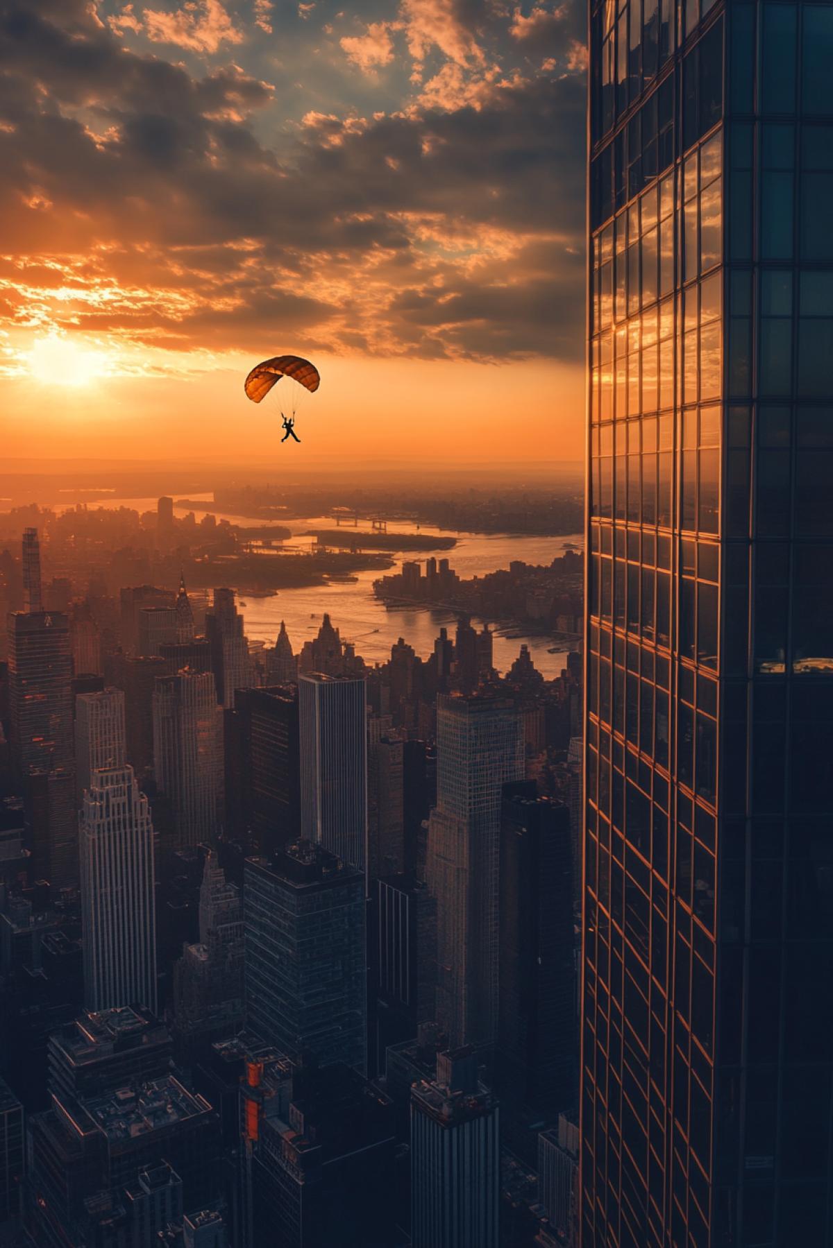 View of the city, from the top of the skyscraper at sunset. A parachute man jumps from the top