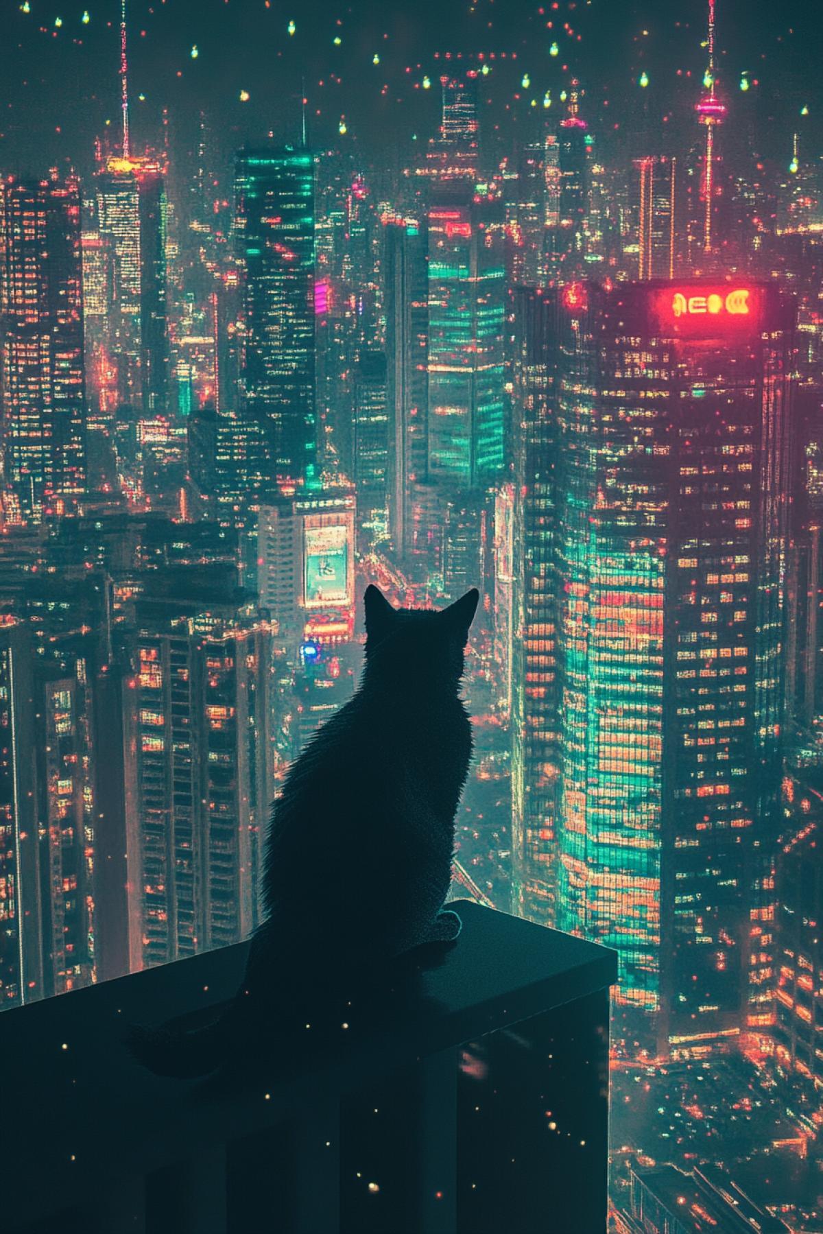 The cat is on the largest skyscraper, night, bright lights