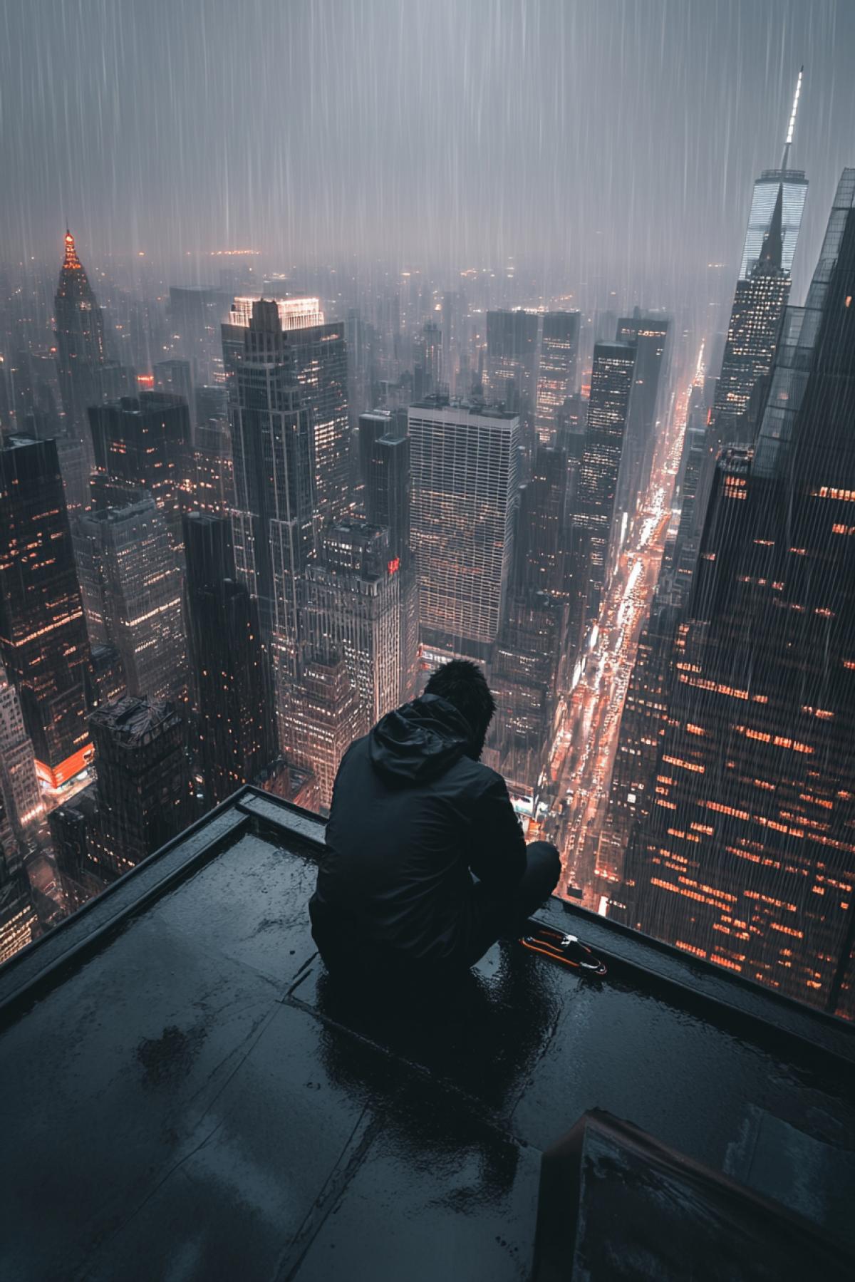 The roof of the Empire State Building. A heartbroken King Kong sits alone on the edge, listlessly playing with a yo-yo as he gazes over the neon-lit skyline. Hyper-detailed, cinematic shot of a rainy, foggy nighttime New York, evoking loneliness and quiet despair.