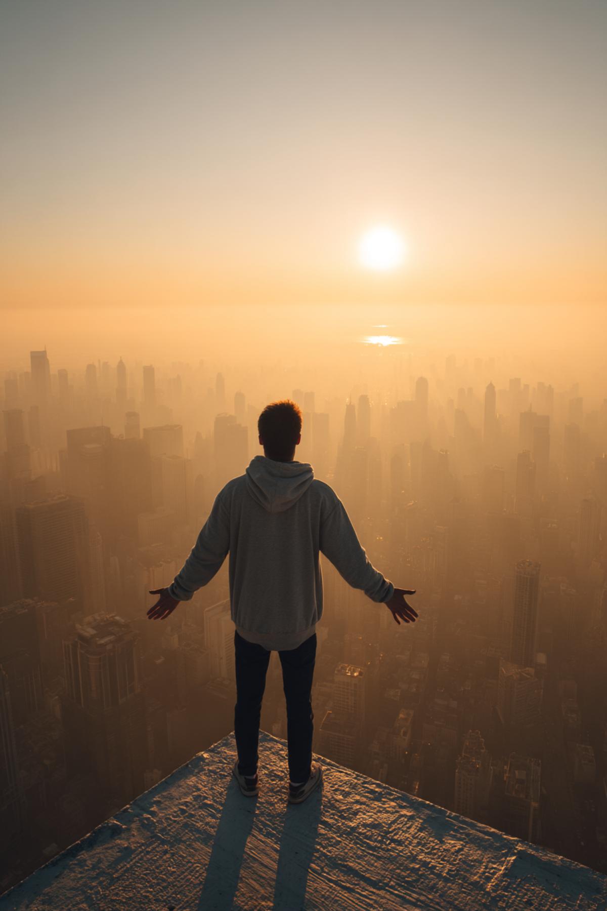 Young handsome man sight from back hands spread sideways on the edge of the highest skyscraper roof city far below horizon seen with ready to rise sun atmosphere of desperation and hopelessness breathtaking art