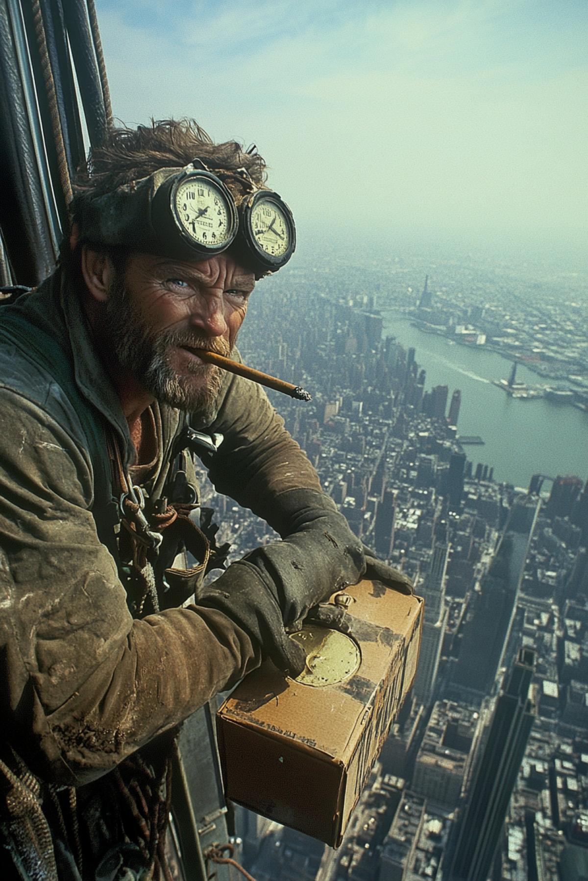 An industrial climber resembling Hugh Jackman, with a large cigar in his mouth, works on the upper floors of a Manhattan World Trade Center skyscraper. He is securing a box with clock to the wall. He gazes at the sky, with the city sprawling beneath him at a birds-eye view.