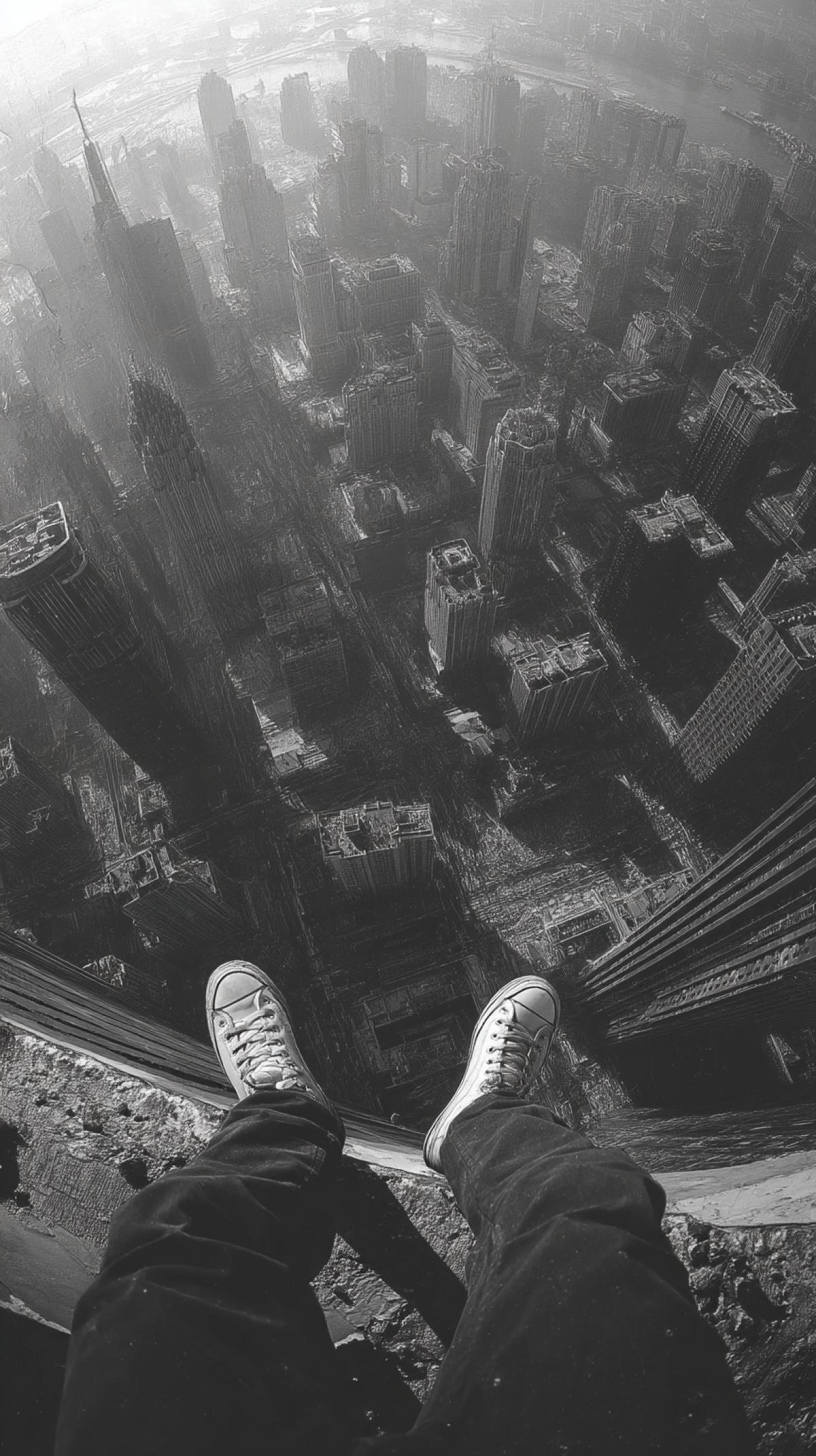 sitting on the roof of a big skyscraper. a top-down snapshot. photo published in National Geographic magazine, 2057. 3D rendering, 8mm lens, Kodak film