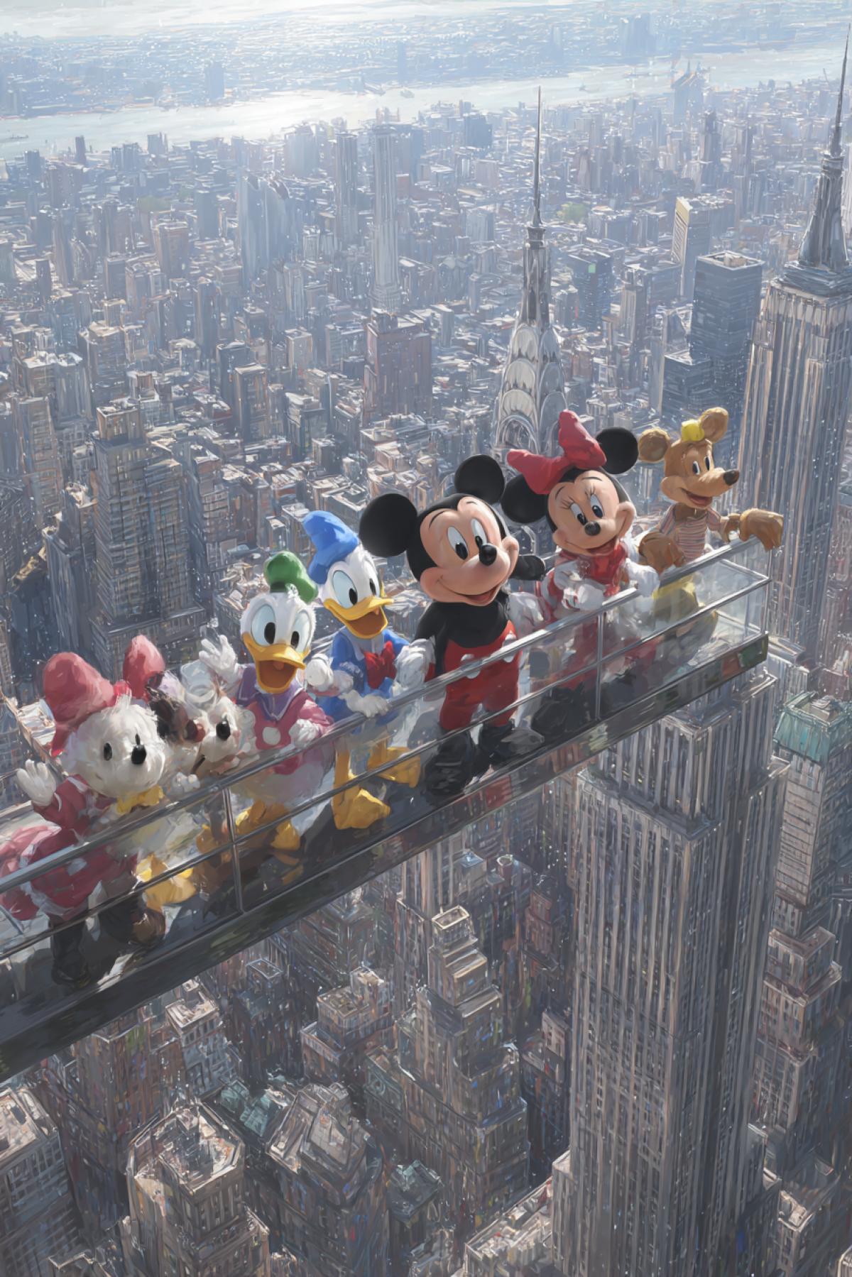 Lunchtime atop skyscraper famous photo but with animation Disney heroes Mickey Mouse Snow-white and seven dwarfs bamby and others