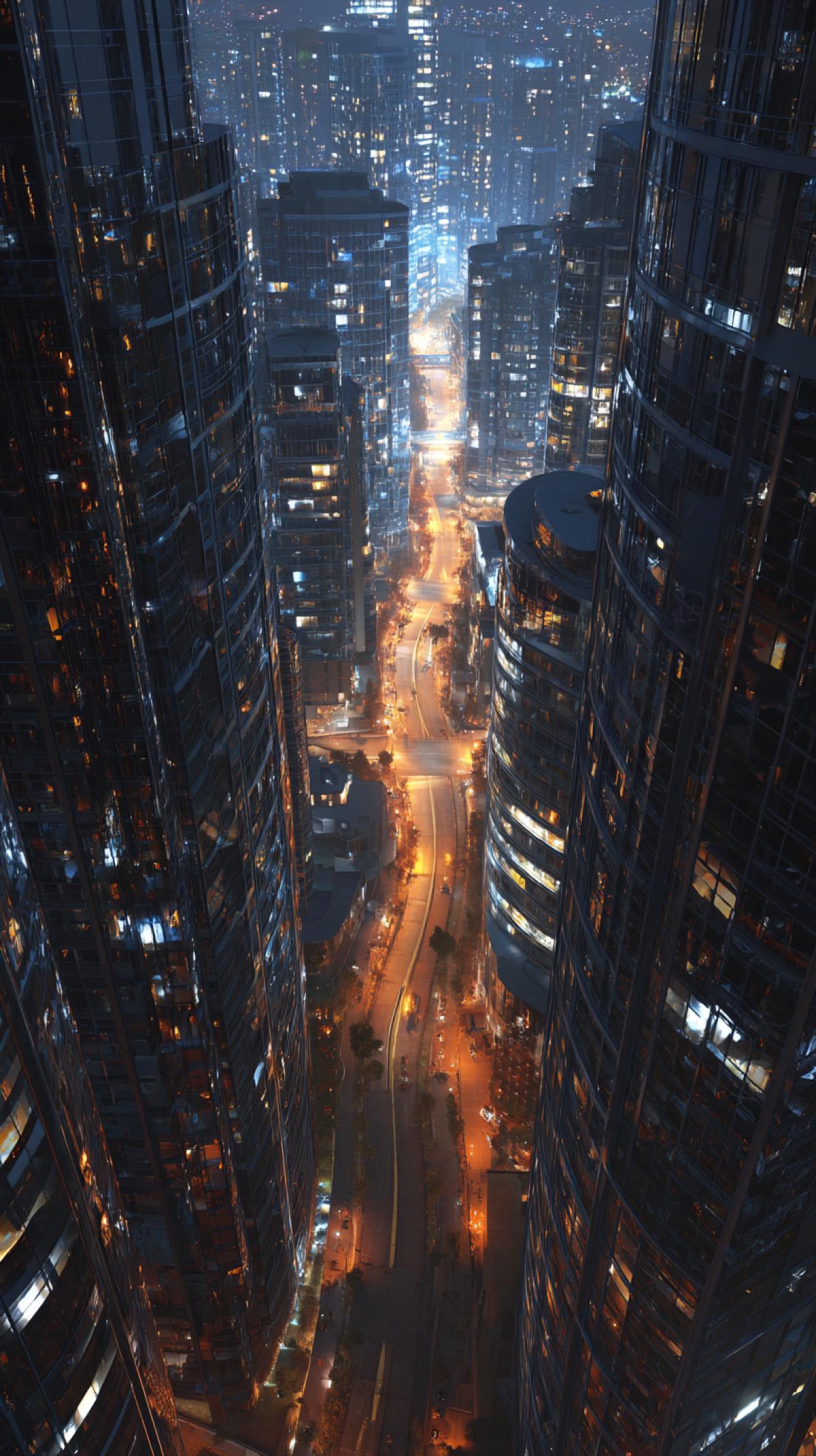 View of the city street from the skyscraper. Futurism