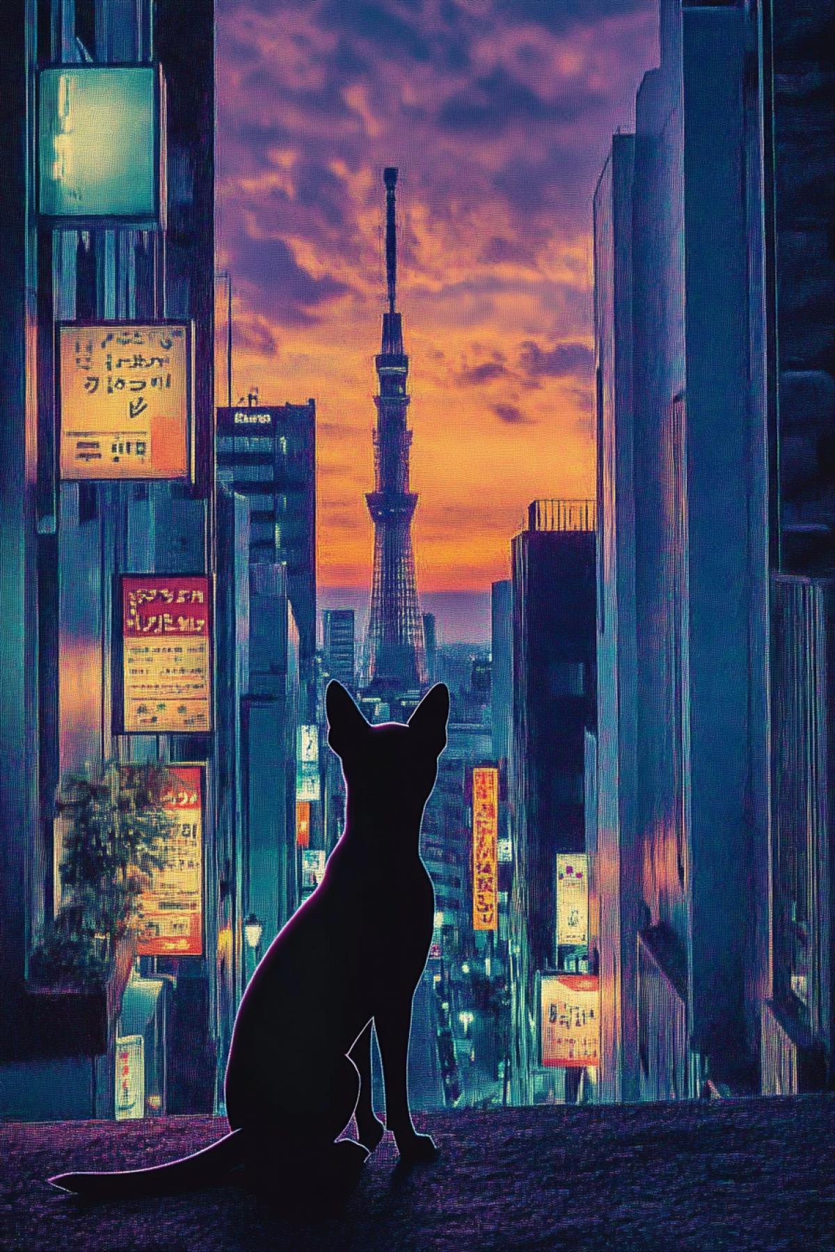 Skyscrapers in Japan at night in purple tonoch in the foreground is a small silhouette of a dog that looks into the distance
