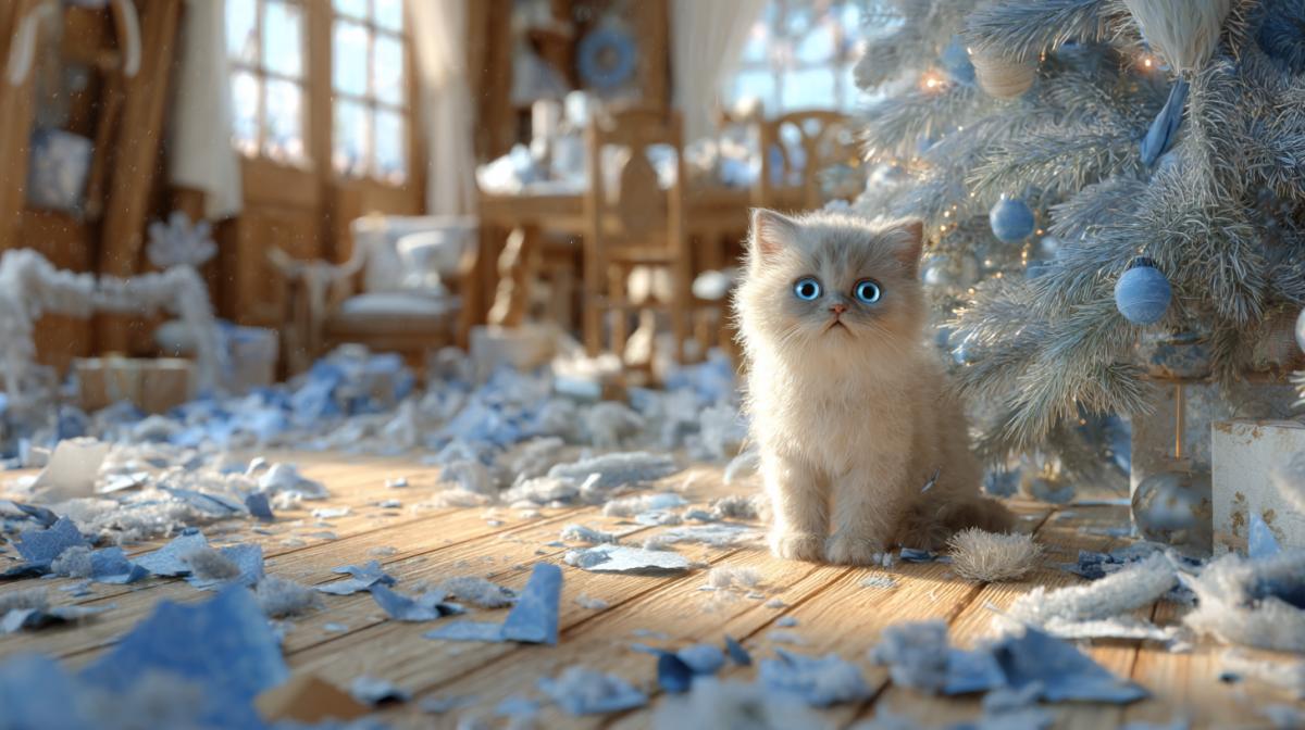New Year tree falling in the middle of the room and among it a hooligan kitten with blue amazed eyes