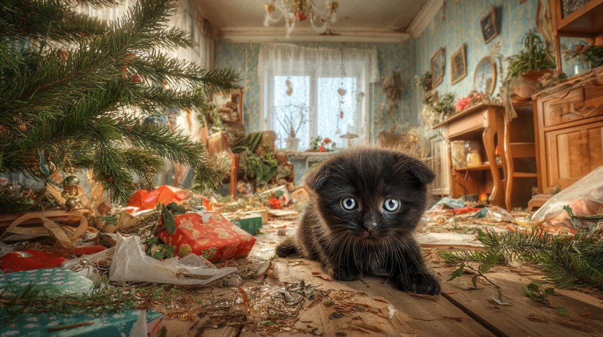 New Year tree falling in the middle of the room and among it a hooligan kitten with blue amazed eyes