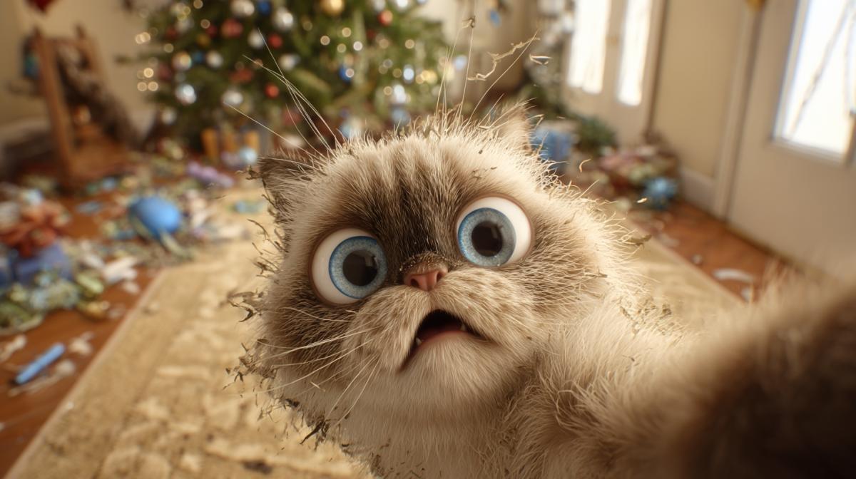 The kitten makes a selfie against the background of the Christmas tree that fell in the middle of the room and among it a hooligan kitten with blue amazed eyes of Pixar, a closer disorder