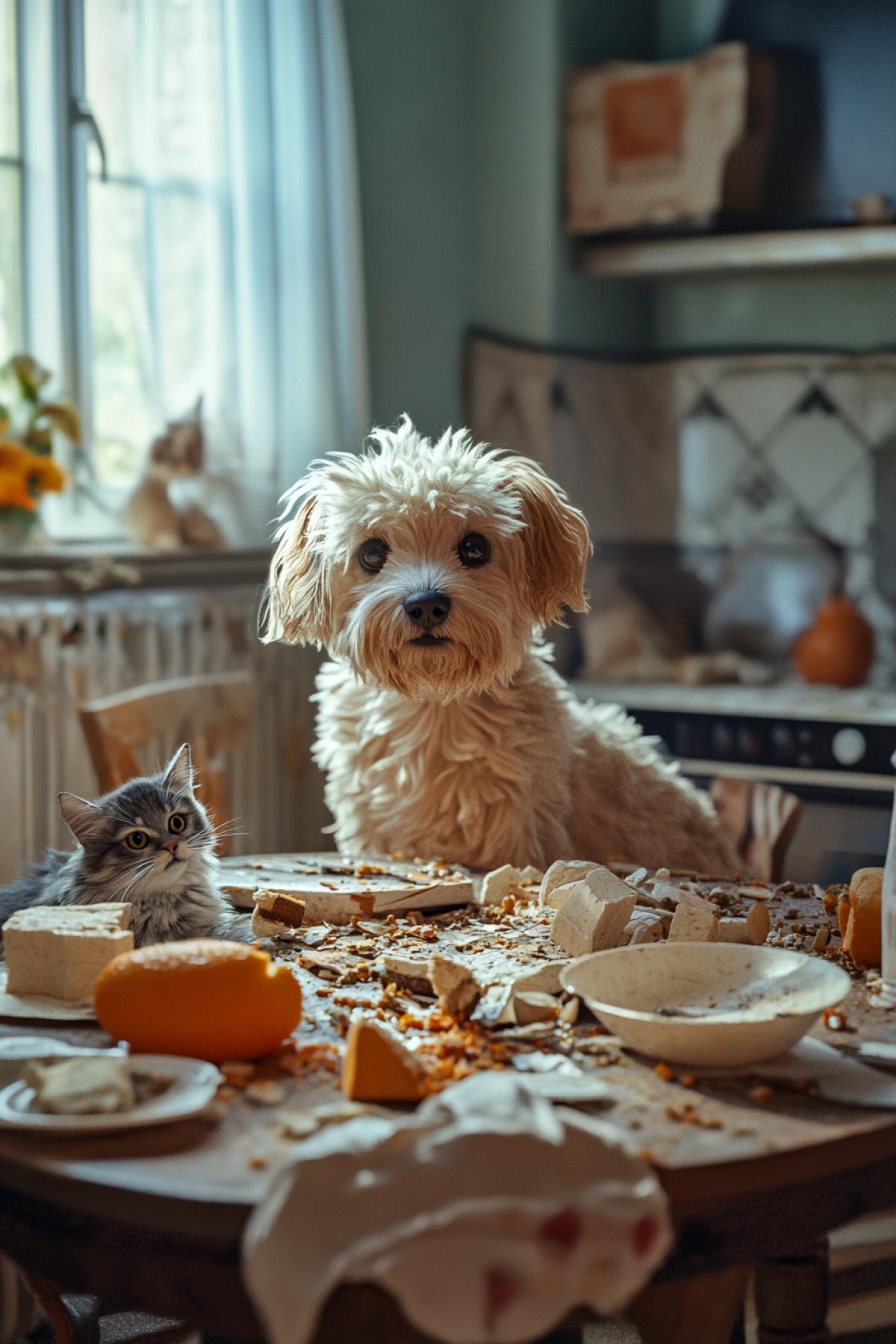 A dog with a cat in the title role that arranged a mess in the apartment. Style Realism