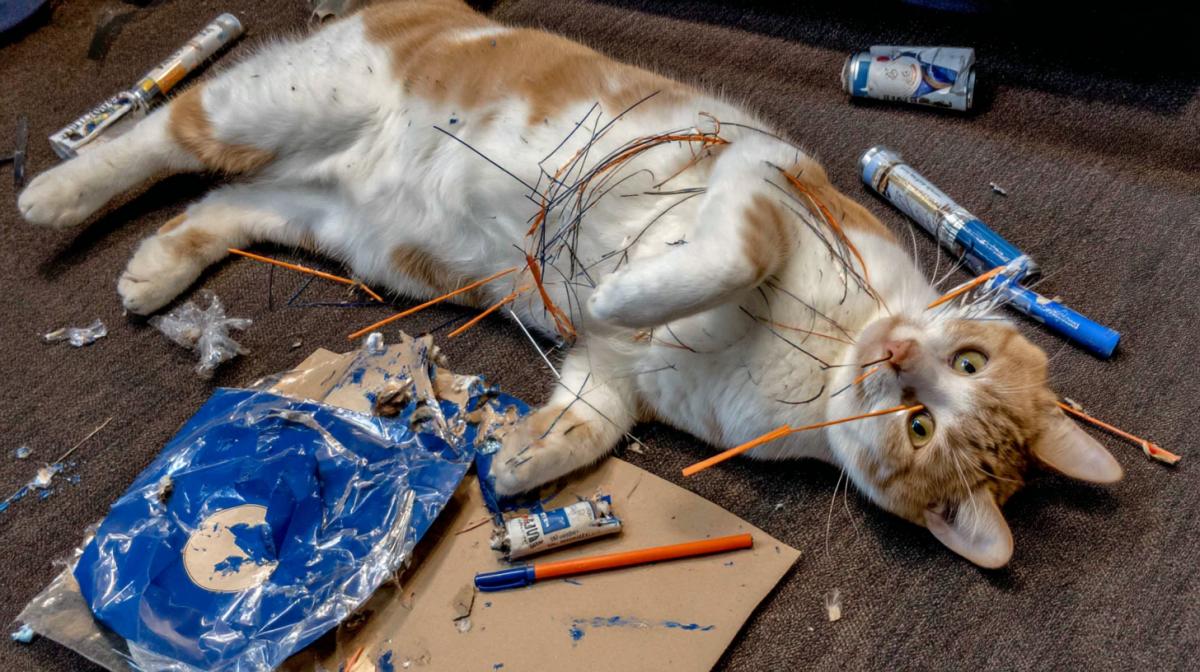 The cat arranged a mess and looks stupid