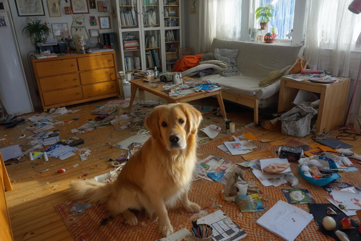 The mess created by a happy dog ​​in the room