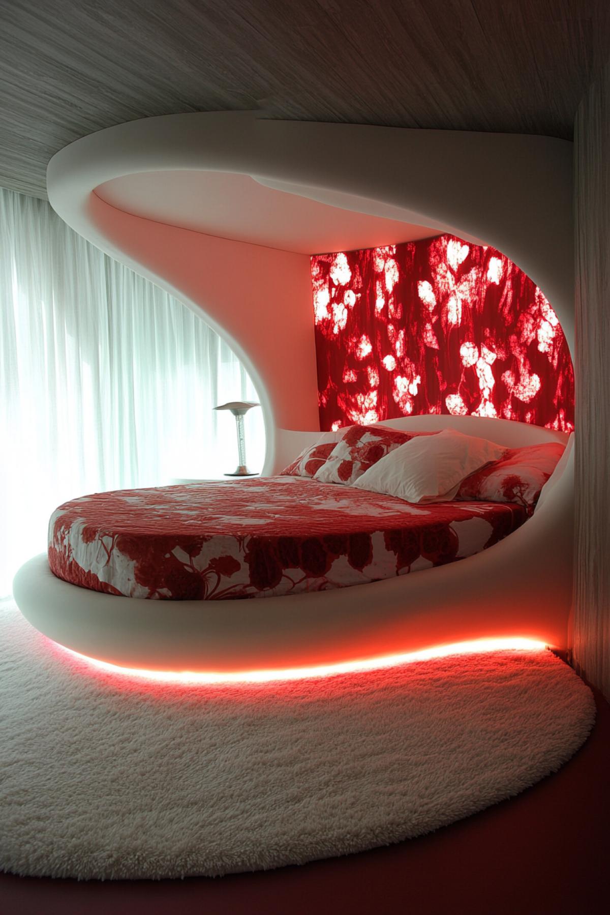Studio, round bed, red-white interior, backlight