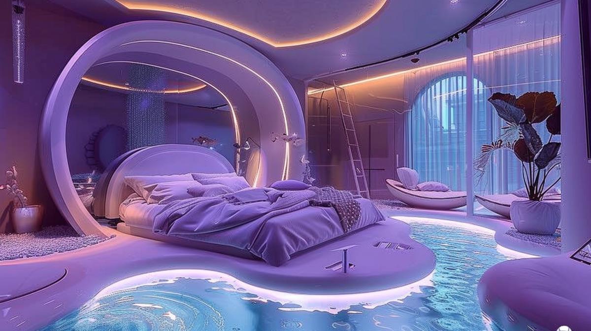 An unusual room in purple tones, a bed with aqua gorka, water around. Designer room, fantastic ultramodern design,
