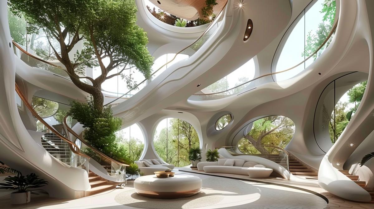 The interior of a tall house from the inside in the style of bionics, a spiral staircase, oval windows, outside the windows are unusual trees. Ultrabore, fashionable, stylish, spectacular