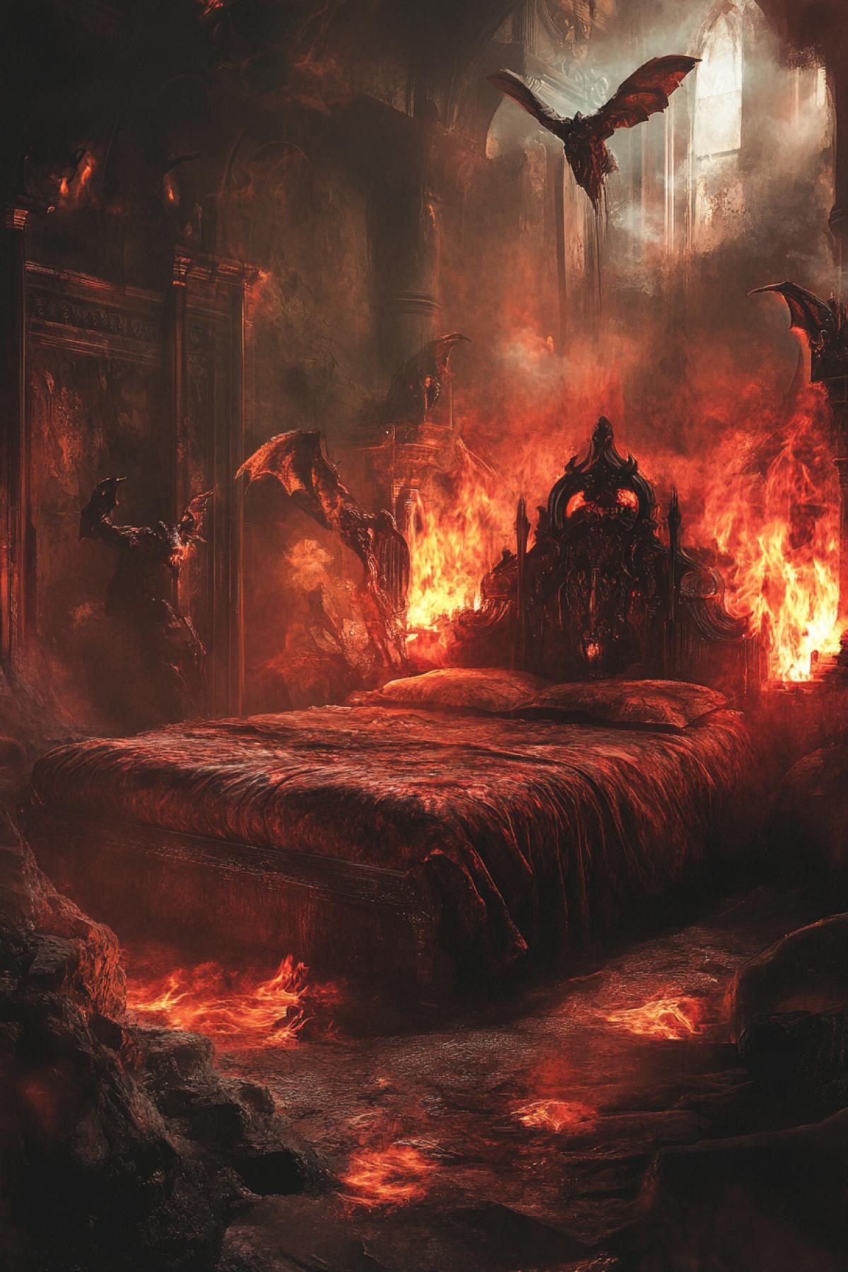Gloomy room somewhere in hell. In the center is a large bed. Against the background of fire, devils. Very terrible room
