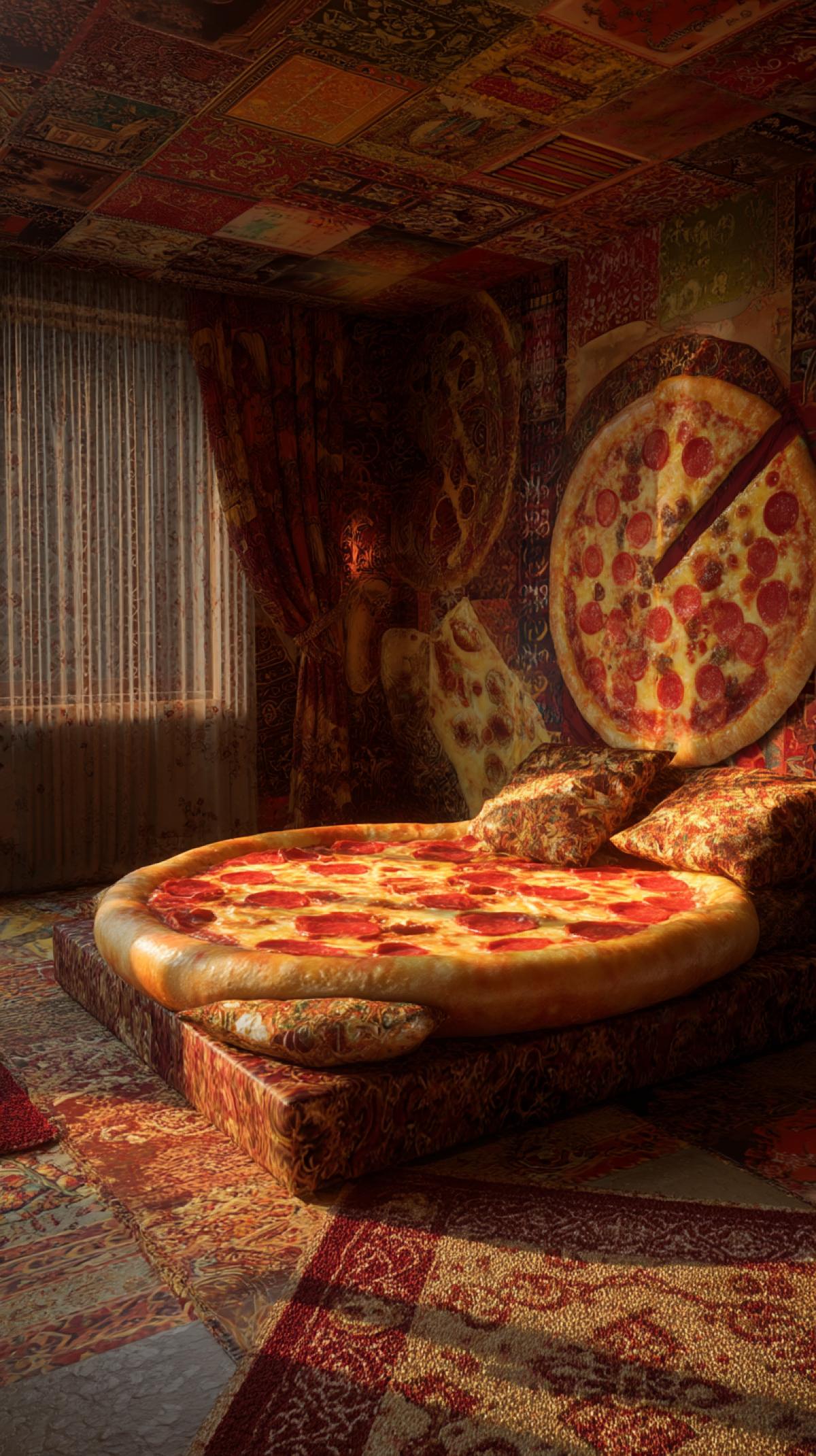 Pizza room, pizza bed, wallpaper with a pat in pizza, the design of the room is made in the form of pizza, photoshop