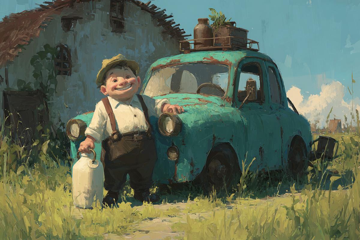 A cheerful little man, next to the car, milk jigs. In the background of the farm