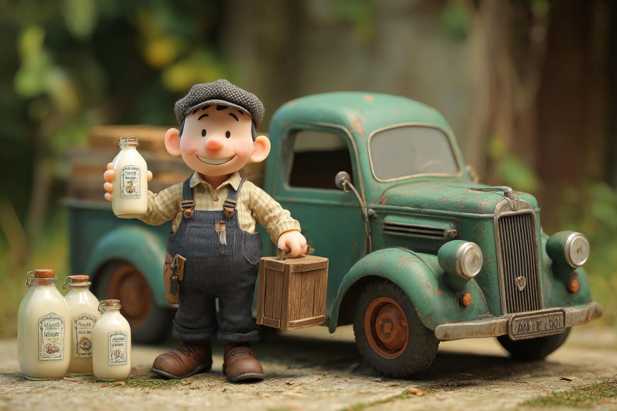 A cheerful little man, next to the car, milk jigs. In the background of the farm