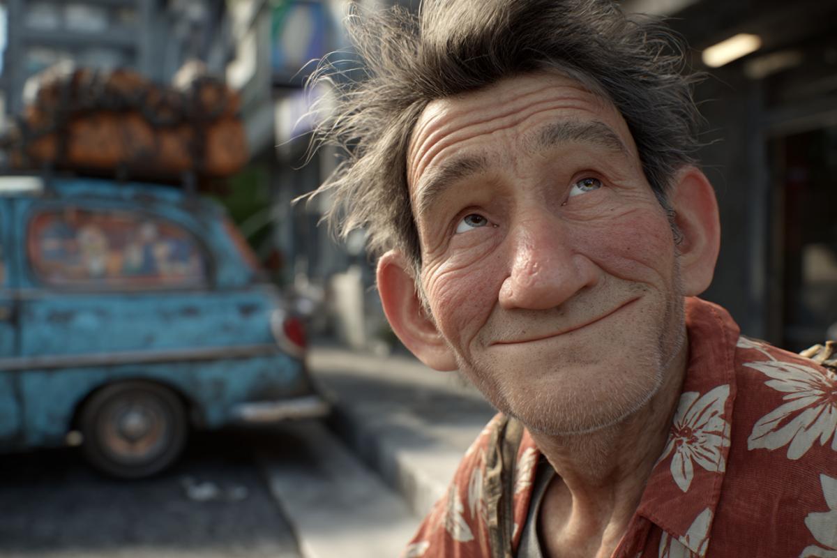 A cheerful man-focus, next to the car.  In the background is a miracle city.  Photorealistic
