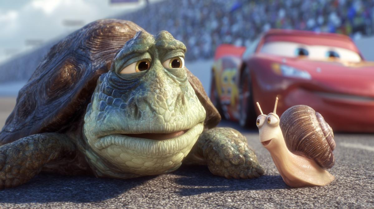 The turtle and snails make a selfie against the background of a racing machine, pixar, a closeup car