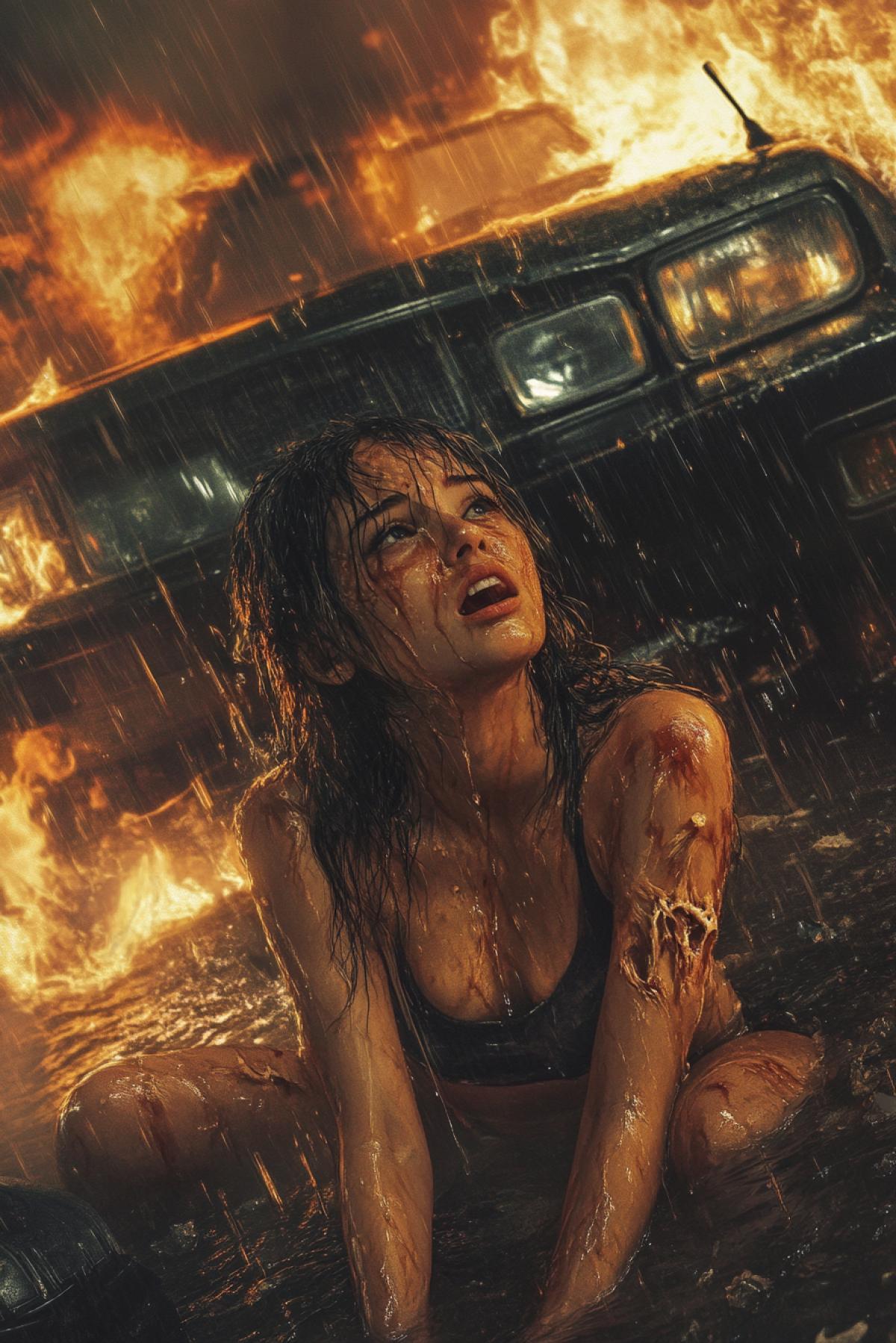 Against the background, there is a broken, burning car, and in the foreground is a girl. All wet in abrasions and cries. Style Realism