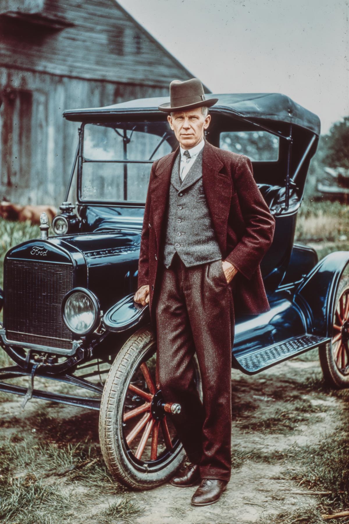 Henry ford standing near his just manufactured ford-t model dark polished glossy car on the background of typical American farm of the beginning of 20th century full colour bright colours high contrast photo
