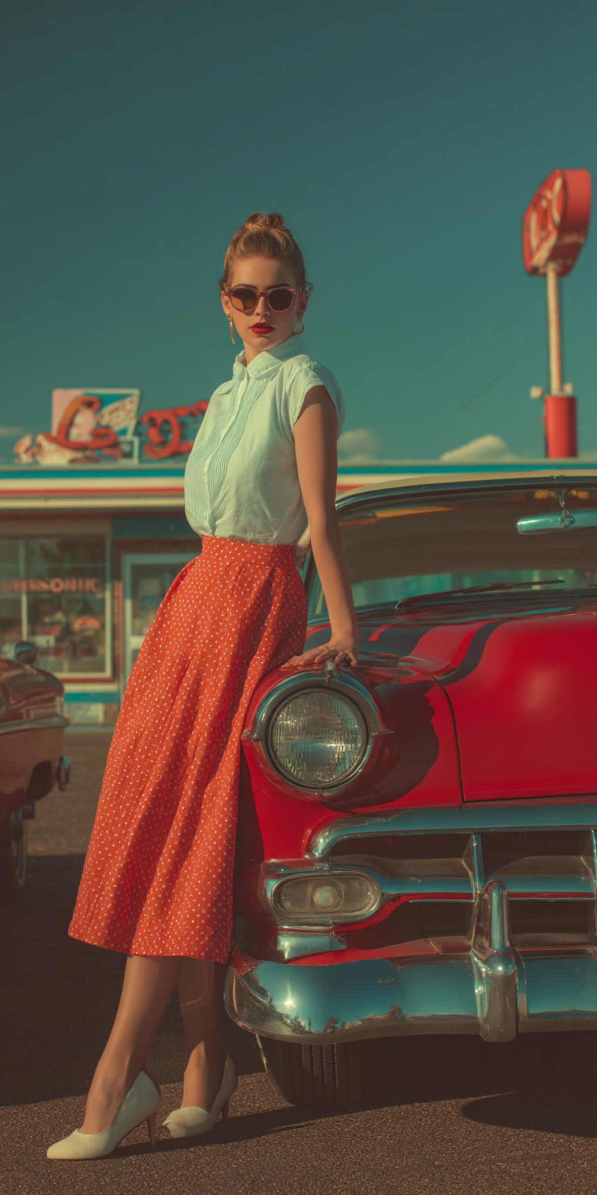 woman in 1950s fashion posing by a cherry-red vintage Cadillac, golden hour sunlight, Route 66 vibe, classic American diner in background, cinematic com4k, vibrant colors, nostalgic atmosphere, high detail