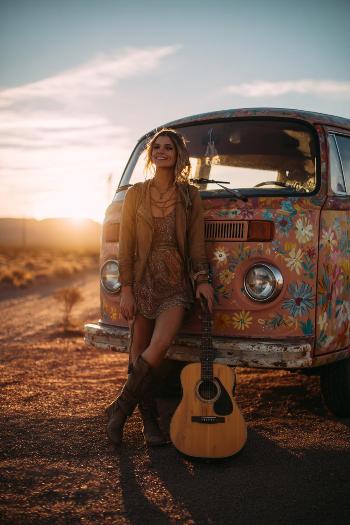 boho-styled girl with a guitar on her back standing next to an old VW van painted with flowers, sunset in desert background, dust in the air, carefree smile, golden tones, vintage lens flare, road trip mood, storytelling photo