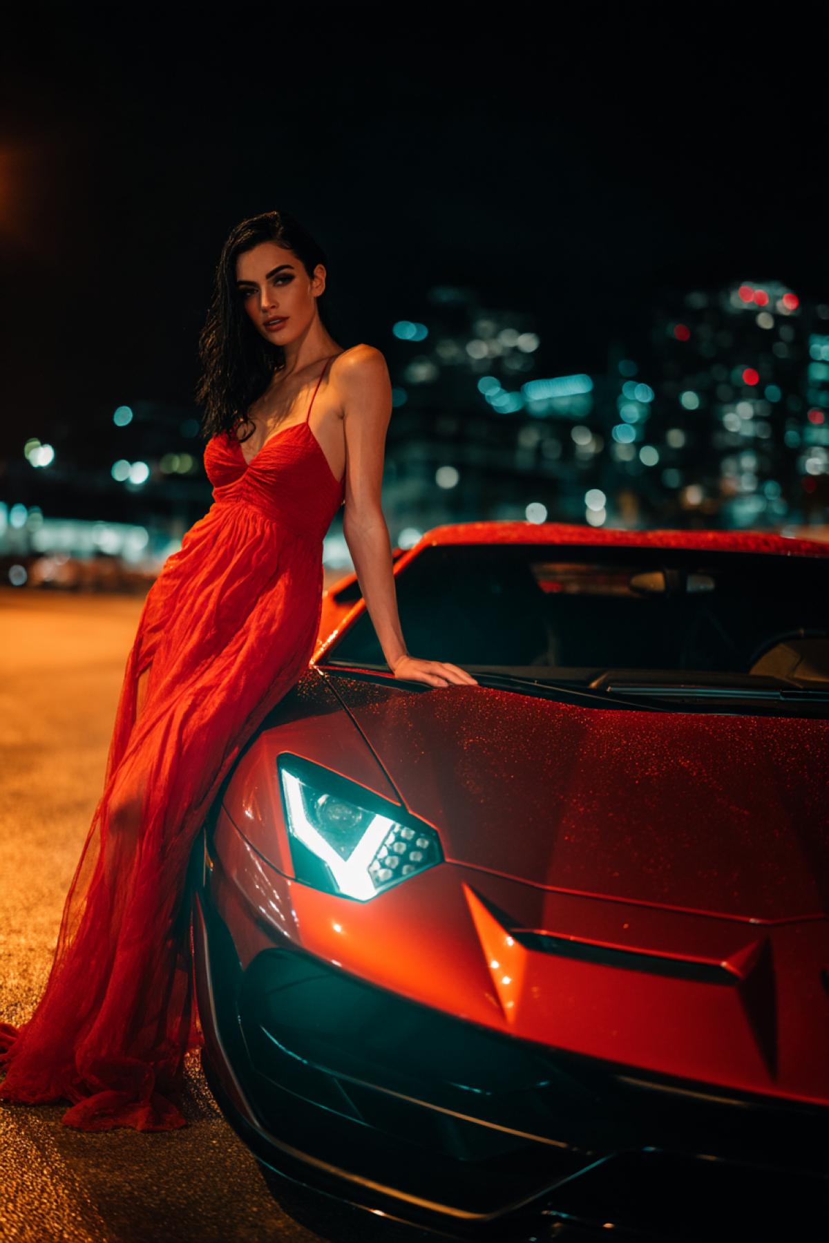 elegant woman in a flowing red dress leaning on a sleek dark Lamborghini Aventador, night city lights reflecting on the car, moody bokeh, fashion editorial style, power and luxury, dramatic lighting, Vogue-style photography