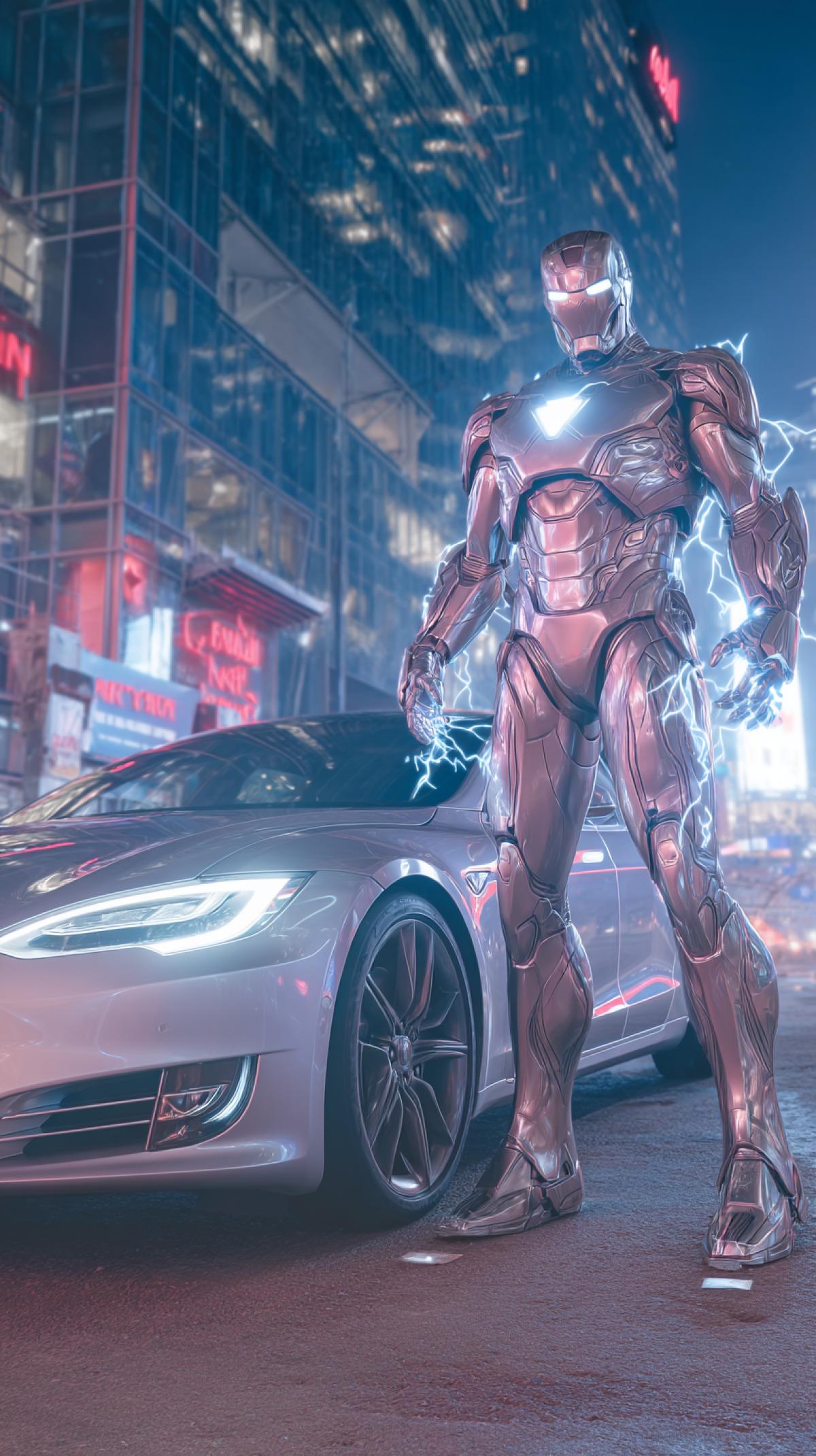Marvels Iron Man next to the electric car of the future, front view, lightning in Iron Mans hand, shiny silver car paint against a grandiose urban landscape, long-exposure shot, neon colors, stunning city around, photo of 2157, cinematic