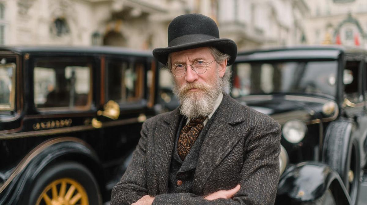 Famous intelligent man near a historical car, bohemia
