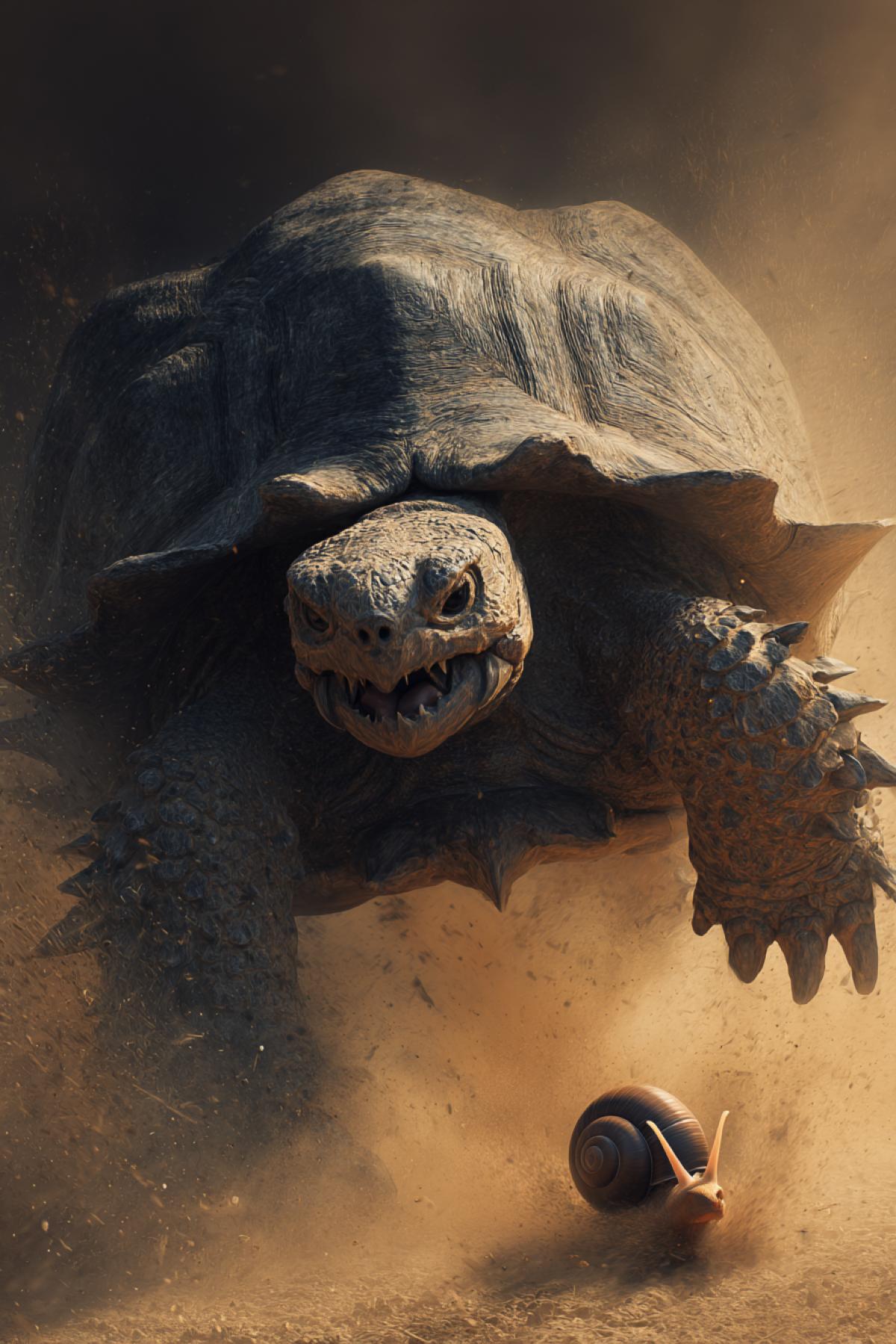 Angry big turtle galloping chasing frightened snail dynamics rush dusty sharp turn high contrast full colour