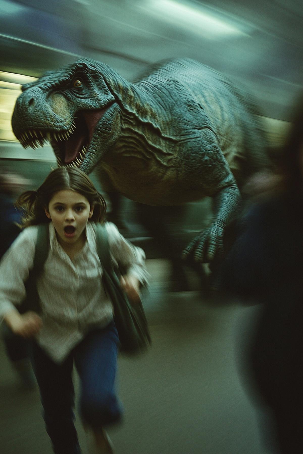 People run away from the dinosaur