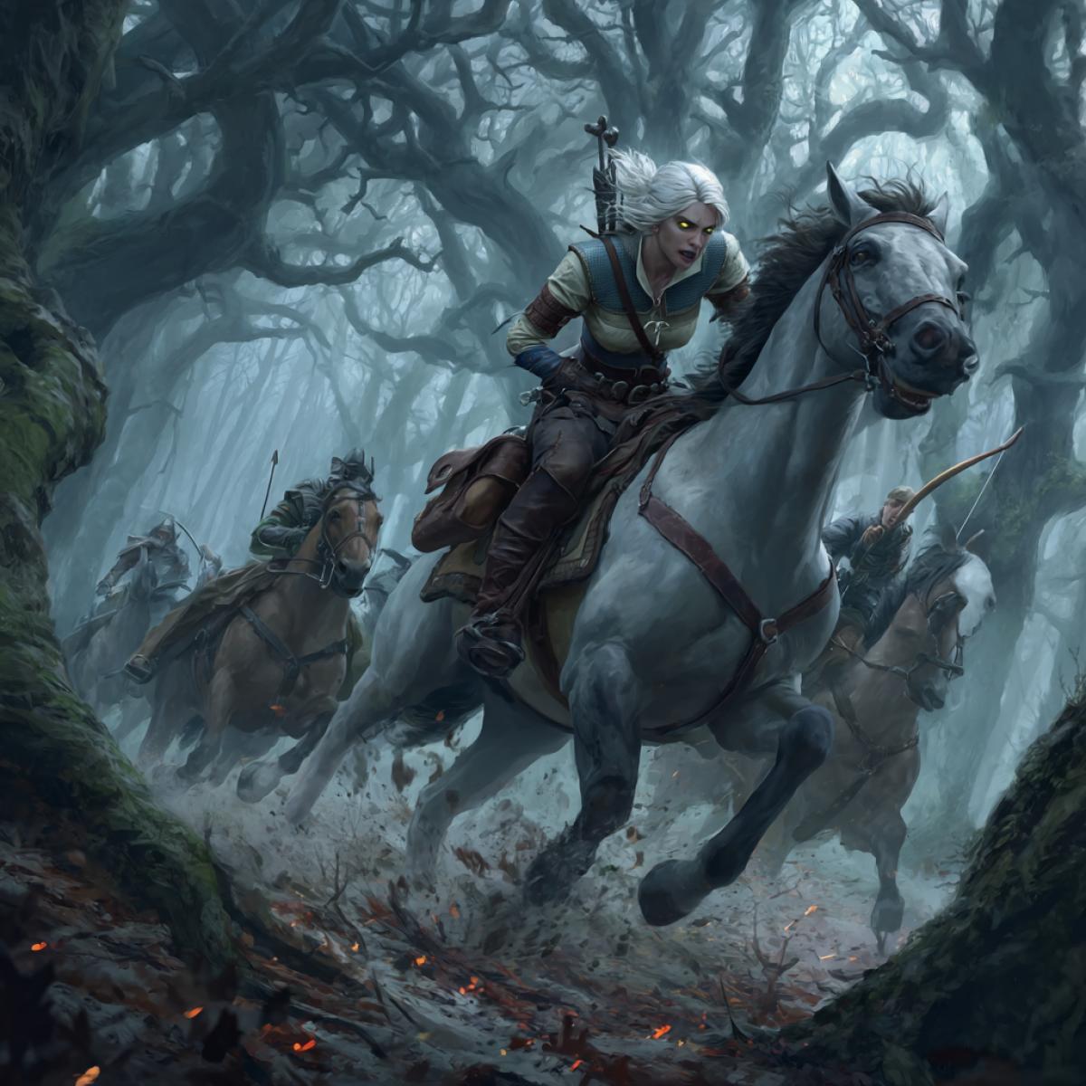 Ciri on horseback, fleeing through a moonlit ancient forest. Her white hair whips in the wind, face tense, glowing green eyes reflecting fear. Her mare gallops wildly, hooves kicking up mud and autumn leaves. Behind her: elven riders on silver-armored horses, glowing arrows nocked in bows, their faces cold and merciless. Gnarled trees with twisted branches claw at the sky, fog blankets the forest floor. Style: Dark fantasy realism, cinematic motion blur, muted blues and silvers with accents of fiery orange from elven magic. Mood: Desperation, primal chase, survival against all odds.
