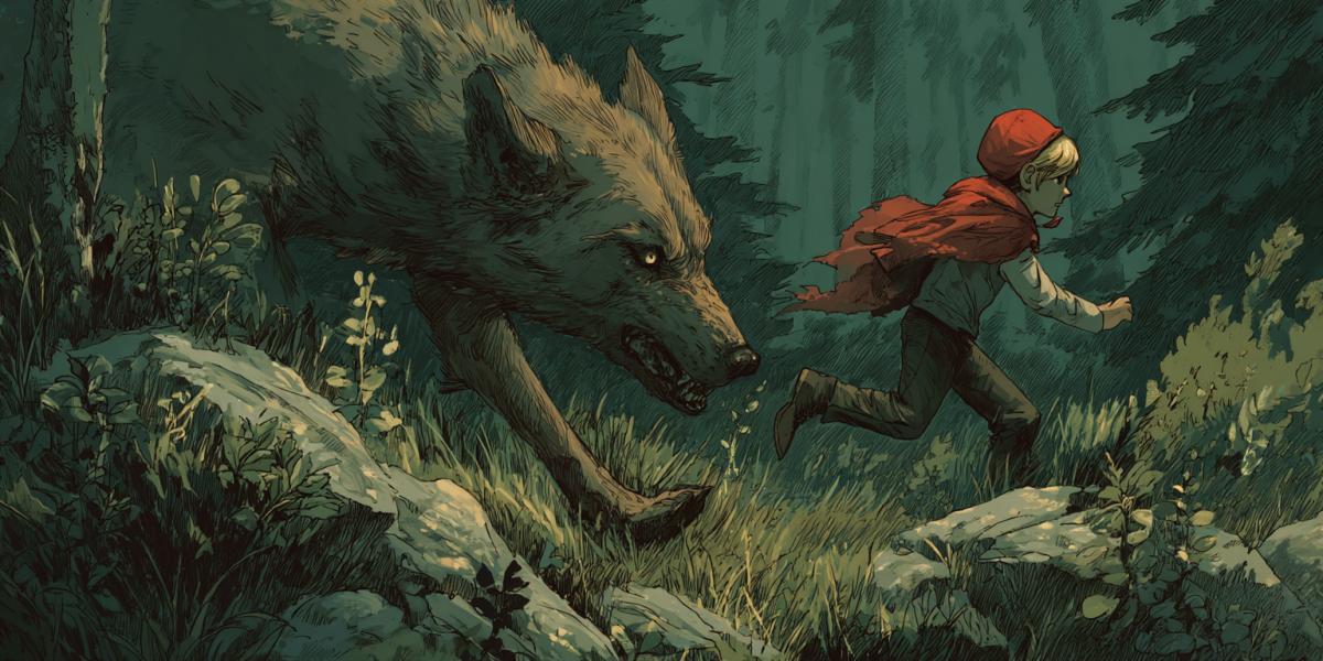 A tense situation where a red cap runs out of green woods from an exhausted wolf