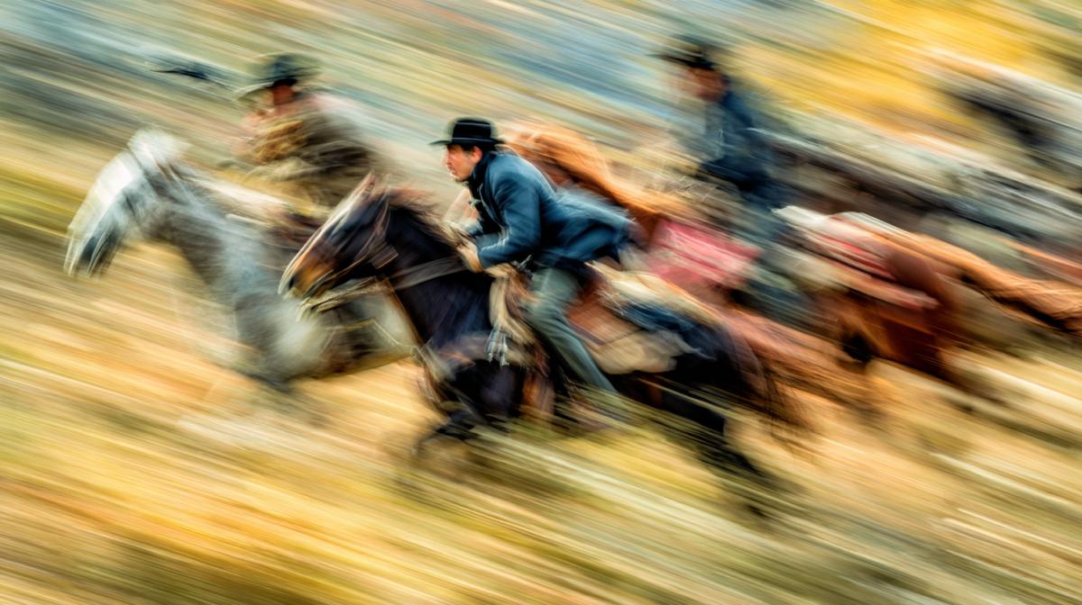 Chase, speed, dynamics. Horses pursuit of a gangster machine