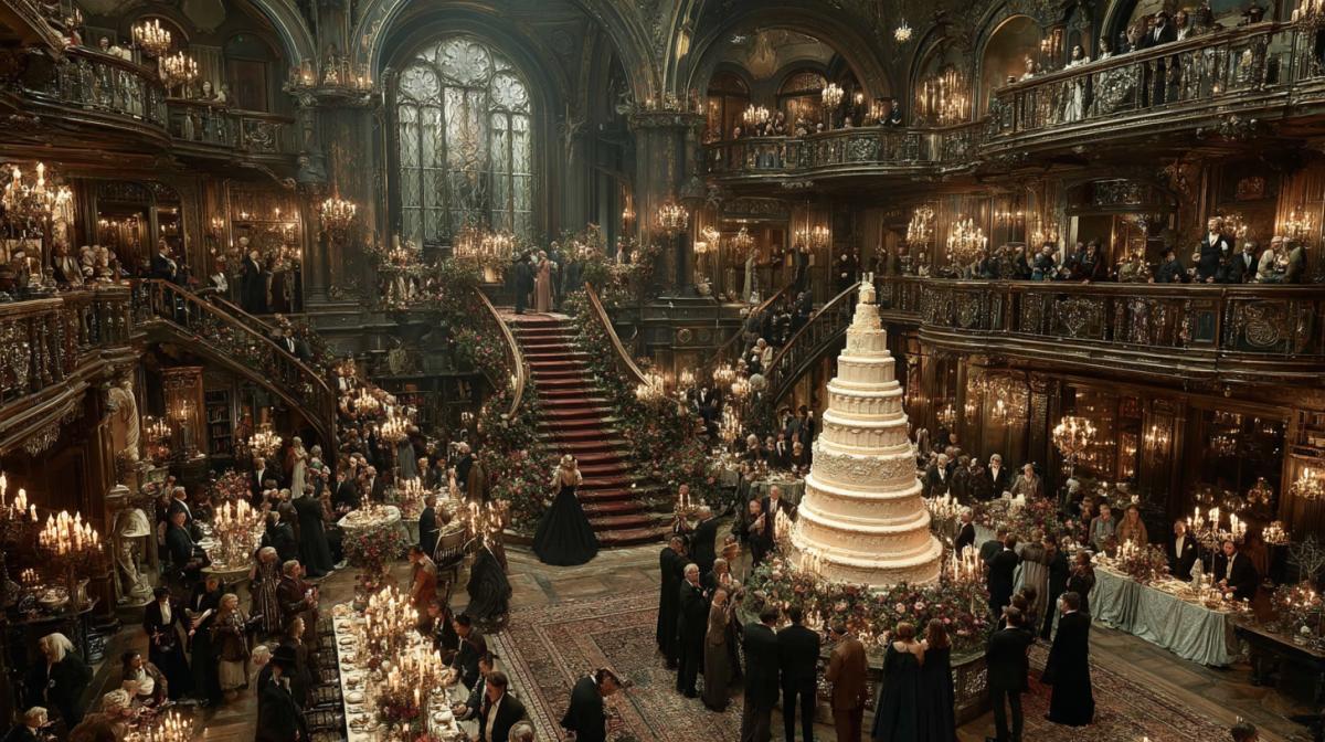 The bohemian hall where in the middle there is a big multitier cake and around it guests and the groom with the bride