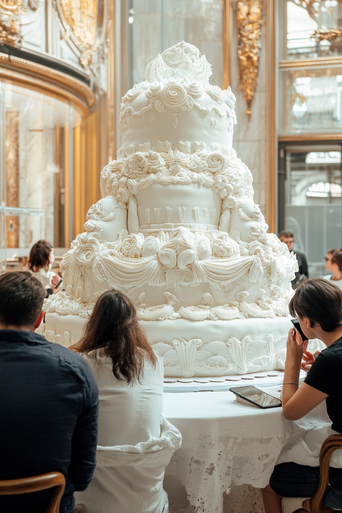 big cake, people sit nearby and play on the phone