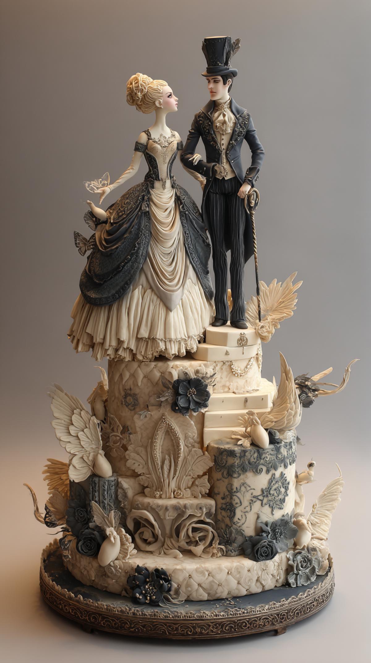 Luxurious multitier designer wedding cake Gothic Surrealism, at the top of the figures of the bride and groom