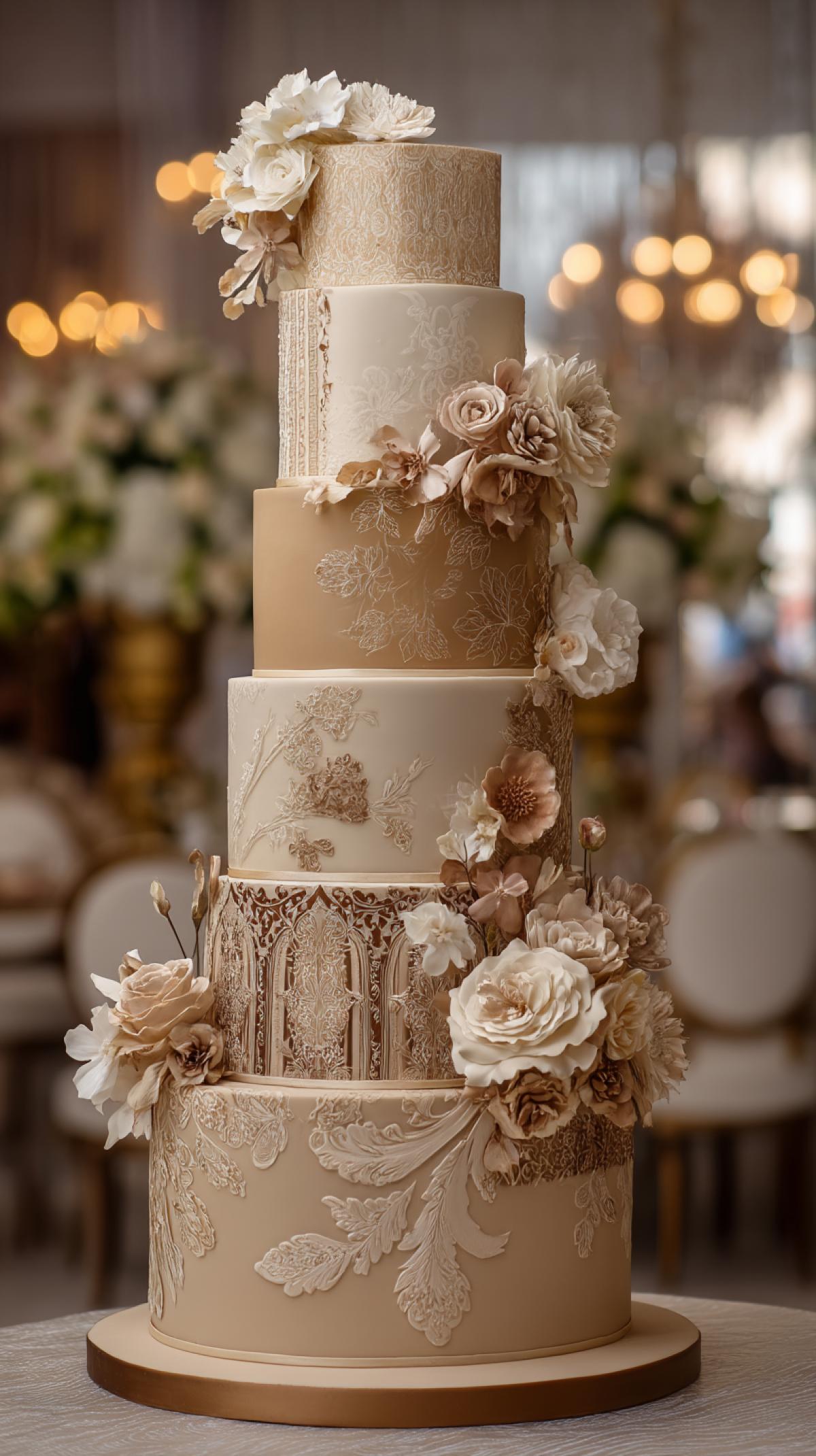 Wedding lush multitier cake.  In beige colors