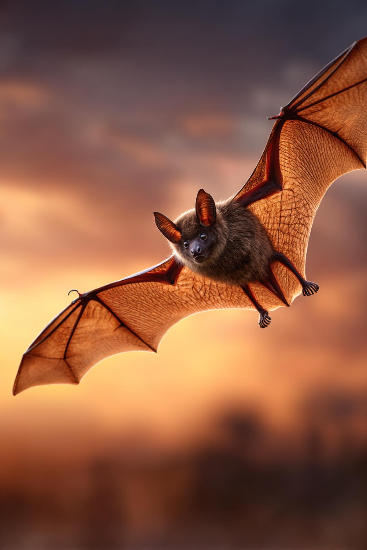 Photorealistic flying bat at sunset, detailed leathery wings, sharp claws, glowing eyes, dynamic motion blur, dark silhouette against orange sky, ultra HD, cinematic lighting
