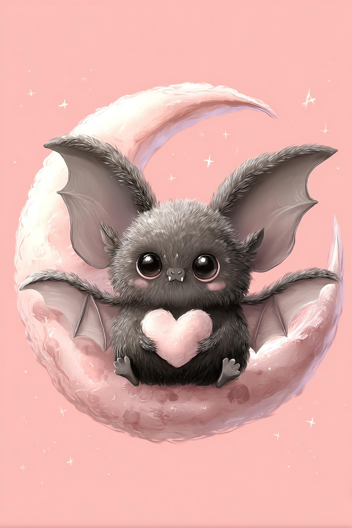 Cute cartoon bat with big round eyes, fluffy fur, tiny fangs, and heart-shaped wings, sitting on a crescent moon, soft pastel colors, kawaii style, digital illustration, 4K, high detail