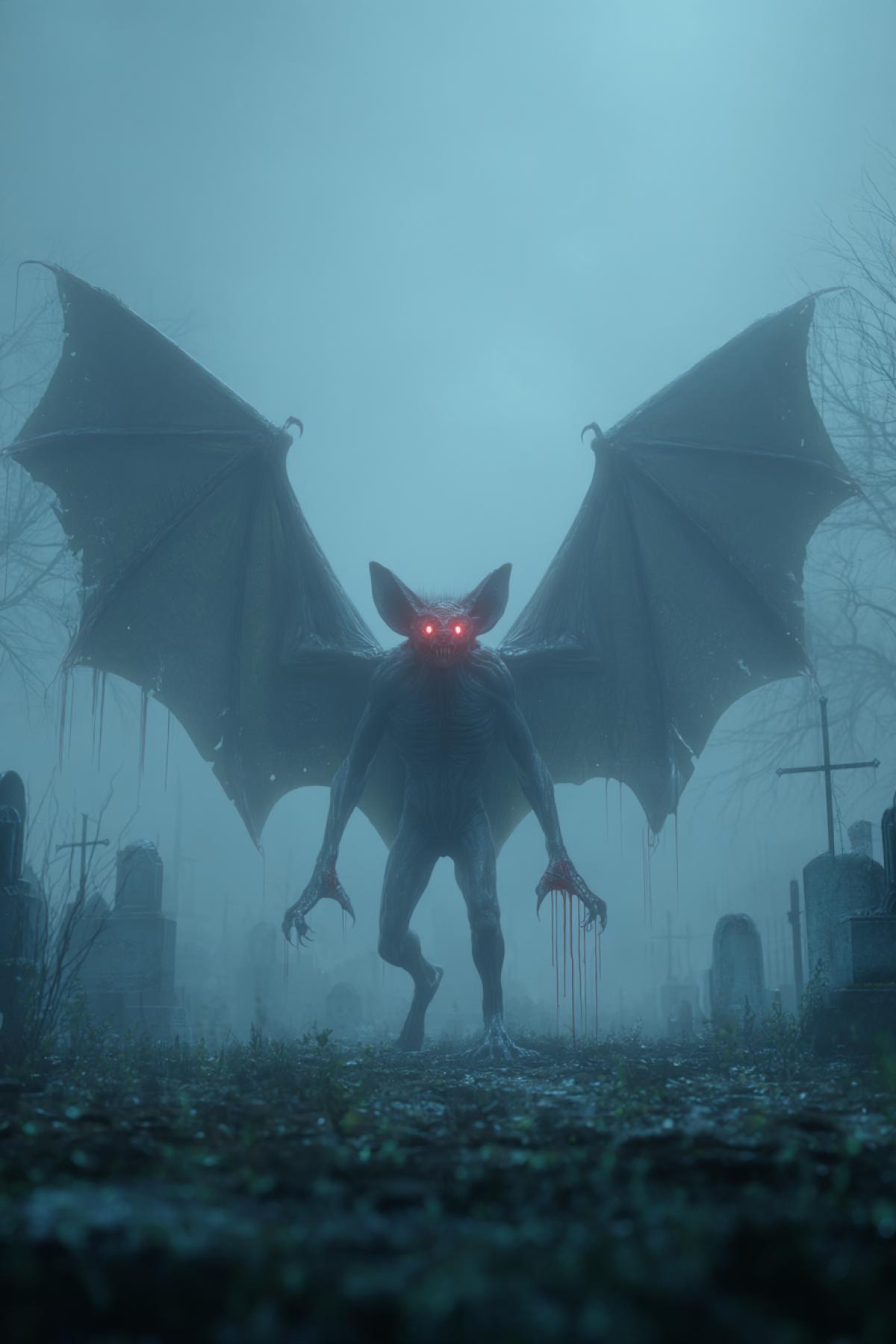 Horror-style monstrous bat, red glowing eyes, elongated limbs, tattered wings, standing in a foggy graveyard, red liquid dripping from fangs, eerie green mist, 4K, ultra-realistic