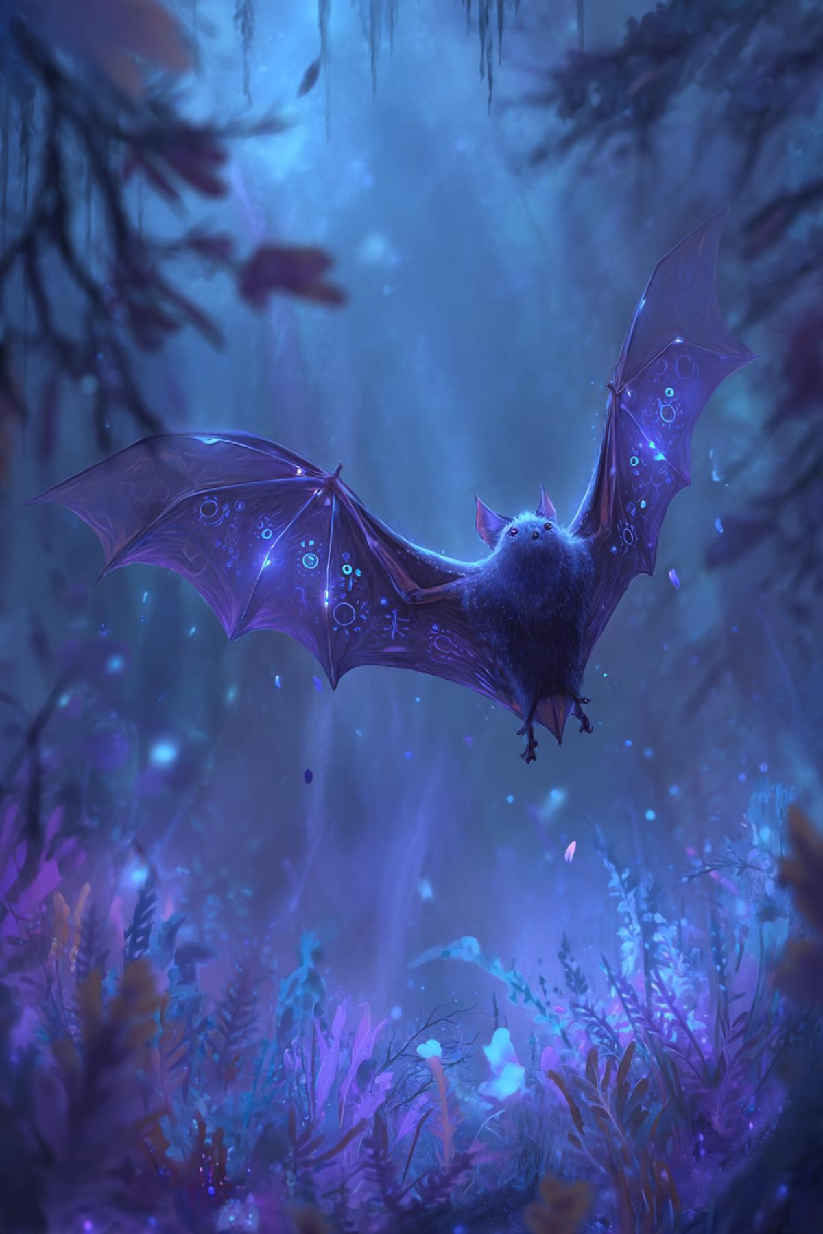 Fantasy bat with glowing runes on wings, floating in a mystical forest, bioluminescent plants, magical aura, ethereal blue and purple lighting, ultra-detailed, D&D style