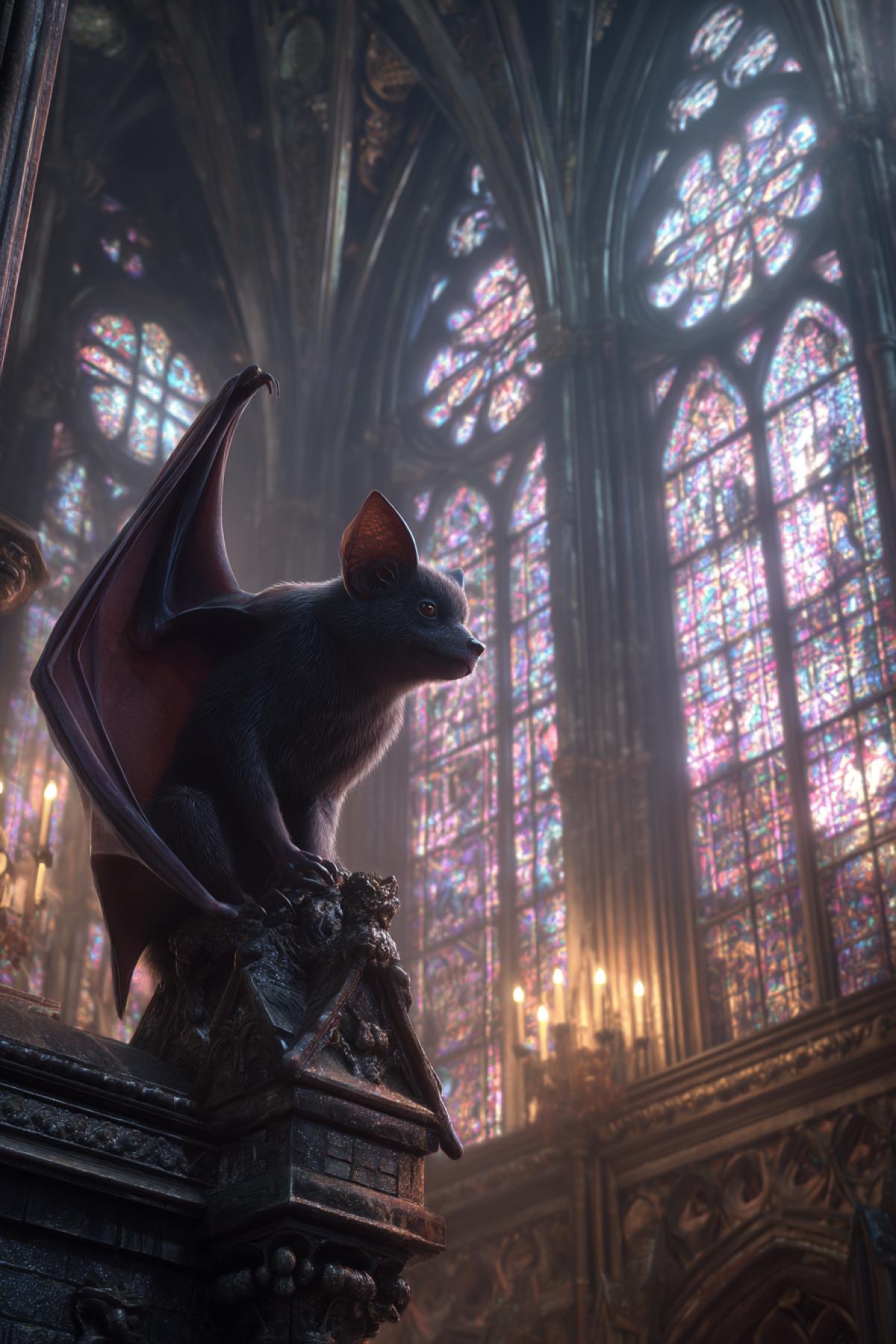 Majestic big bat with obsidian-dark fur and glowing crimson eyes, perched on a gargoyle in a grand gothic cathedral, stained glass windows casting colorful light, intricate stone carvings, mist swirling through arches, cinematic dark fantasy, highly detailed, 8K, dramatic chiaroscuro lighting, haunting atmosphere