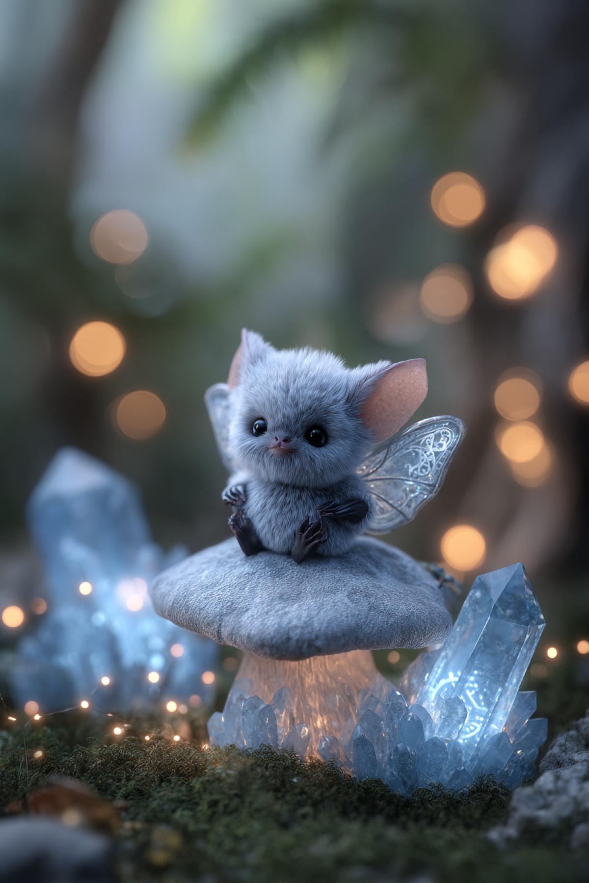 Adorable tiny bat with silver fur and butterfly-like wings, glowing pastel blue runes floating around it, sitting on a crystal mushroom in an enchanted forest, fireflies sparkling, soft bokeh lights, Studio Ghibli style, whimsical fantasy, 4K, ultra-detailed, dreamy atmosphere