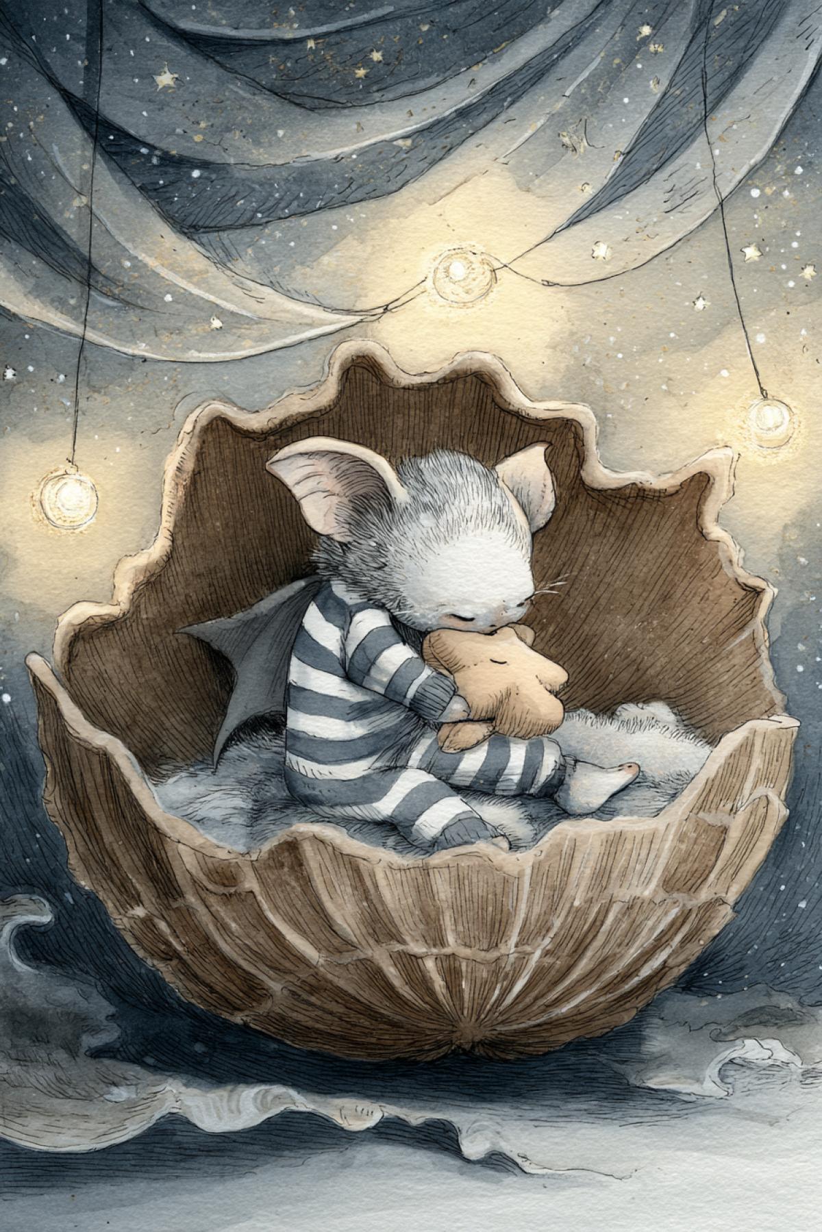 Sleepy bat in striped pajamas, curled up in a walnut shell bed, hugging a plush star, fairy lights twinkling above, soft watercolor night sky background, wholesome and dreamy