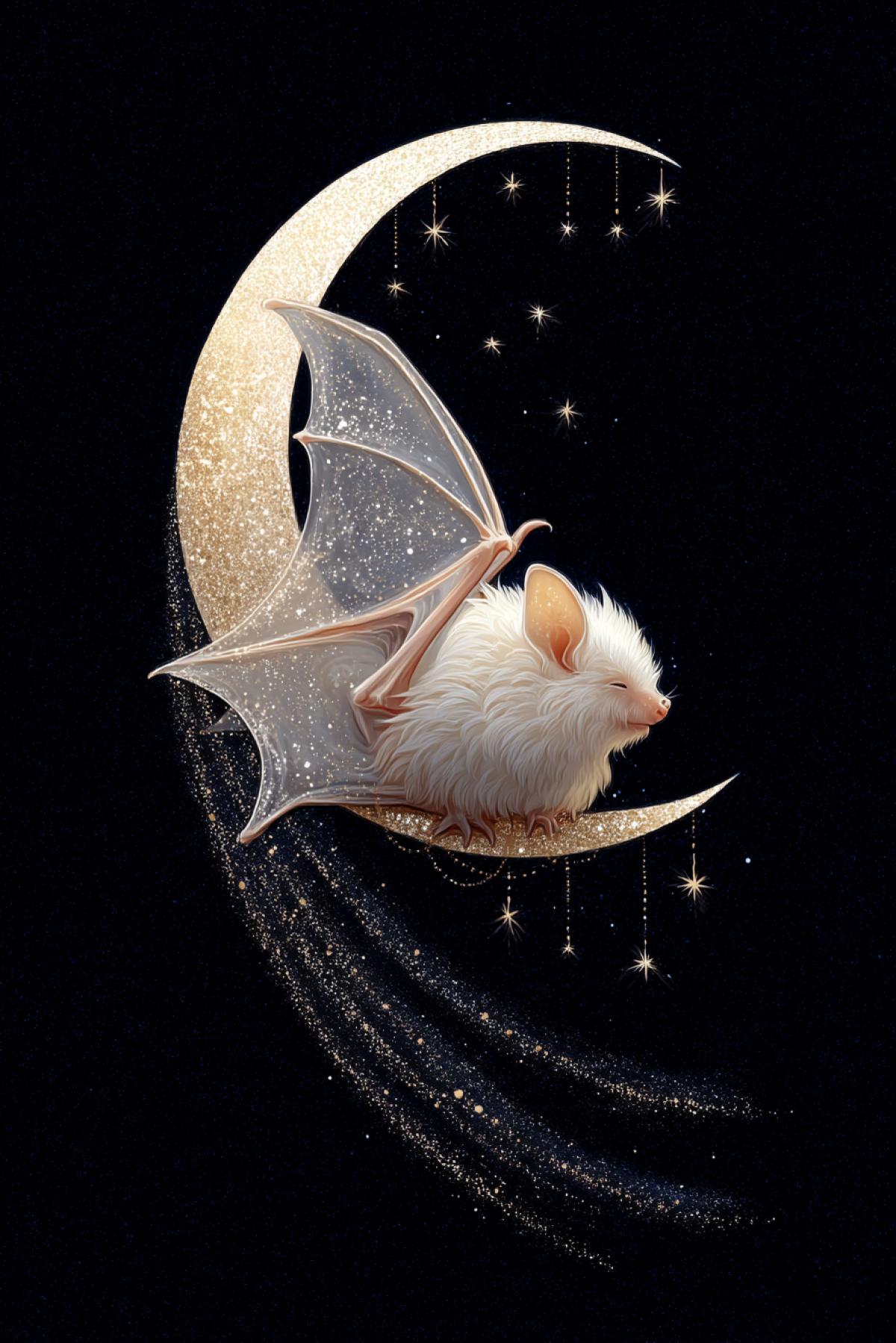 Fluffy white bat with star-patterned wings, sleeping on a crescent moon made of light, galaxy dust trailing behind, celestial fairy-tale style