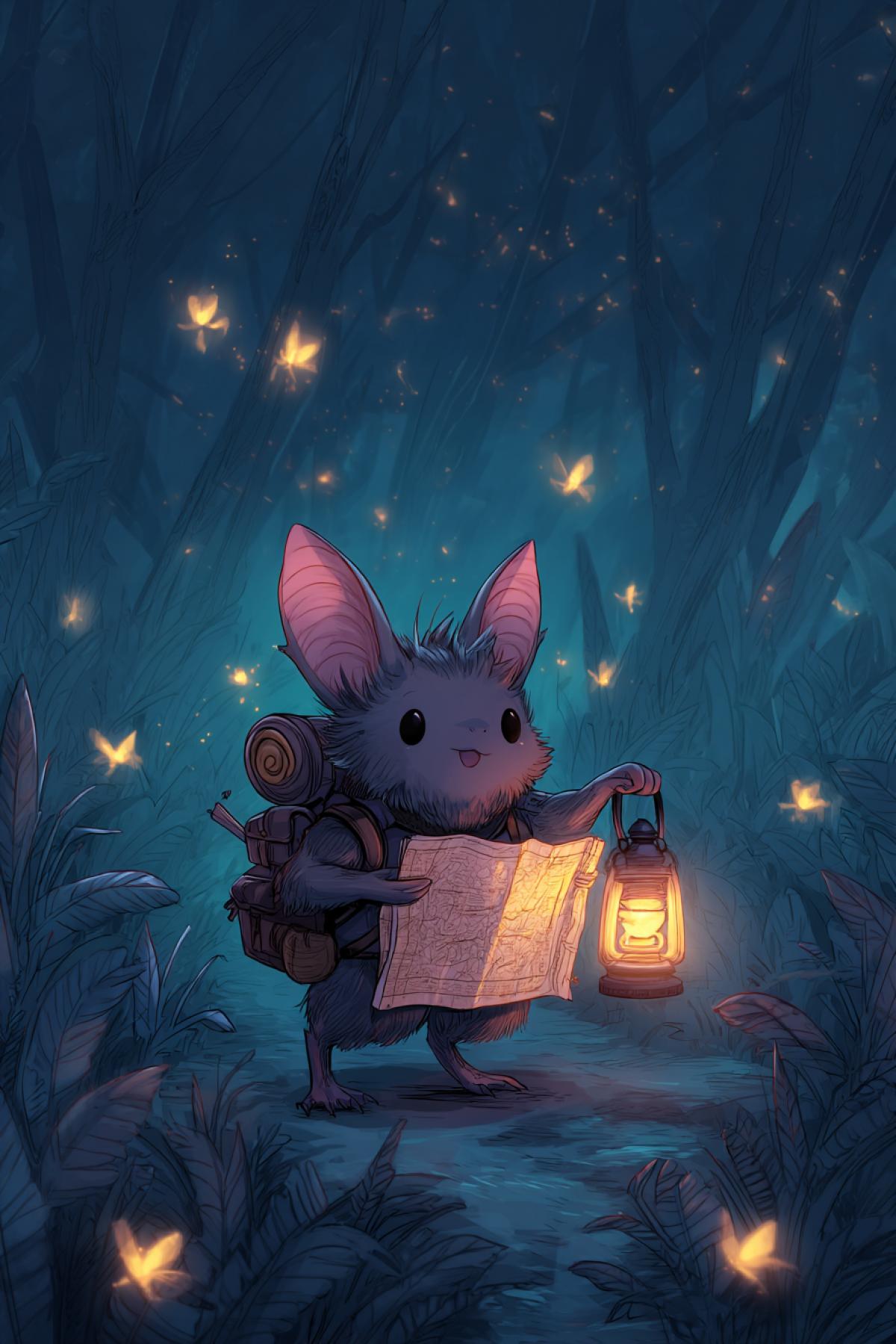 Adventure bat with a tiny backpack and lantern, exploring a glowing bioluminescent forest, map clutched in tiny claws, friendly fireflies guiding the way, fantasy RPG vibes, Miyazaki-inspired