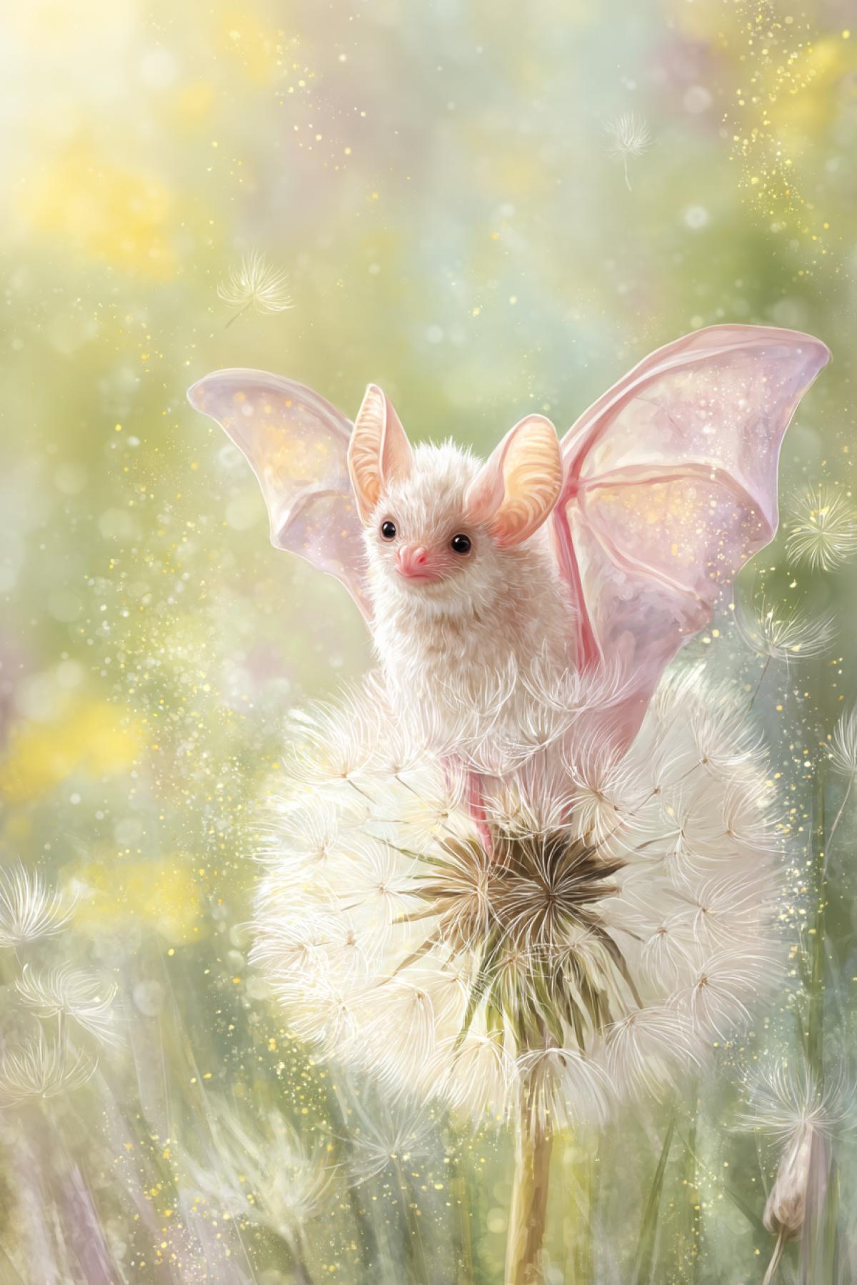 Tiny pastel bat with delicate flower-petal wings, pollen sparkling around it, resting on a big dandelion in a sunlit meadow, watercolor fantasy style, soft focus, dreamy atmosphere, 4K, whimsical and cute
